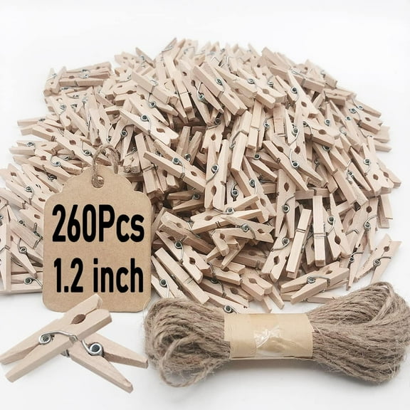 Mini Clothes Pins, 260 PCS Small Wooden Clothes Pin with Jute Twine, Clothespins, Clothes Pins for Photos Crafts DIY Project