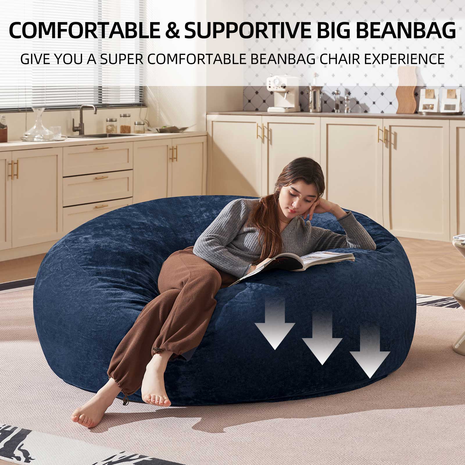 Bean Bag Chair 6FT,  Large Memory Foam Filled Chair for Adults and Teens, Soft Sofa with Removable Flannel Cover, Round Couch for Living Room Bedroom College Dorm