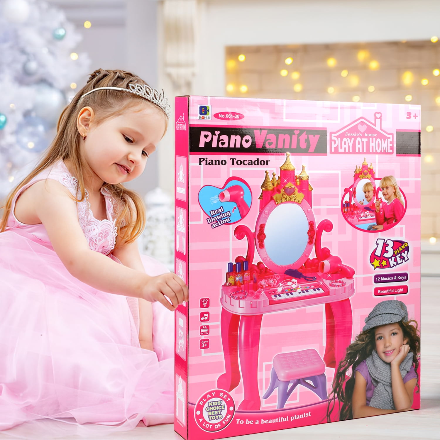 Flooyes Pretend Play Toys for Girls Toddlers, 13-key Piano Vanity Princess Toy Birthday Gift for Girl Kids Ages 3 4 5 6 Years.