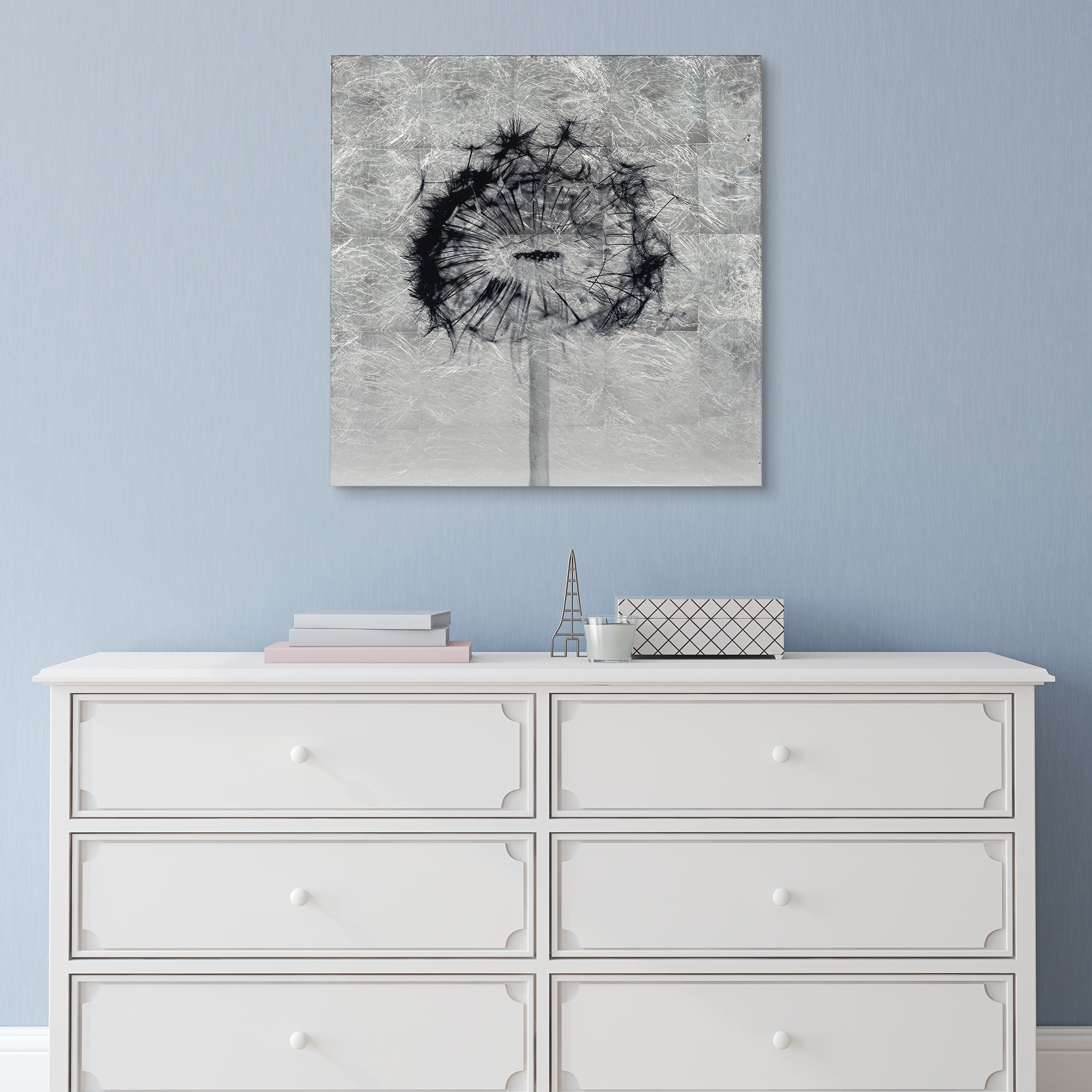 Direct Dandelion Reverse Printed Tempered Glass with Silver Leaf 24.00" x 24.00" Painting Art Prints, by Empire Art