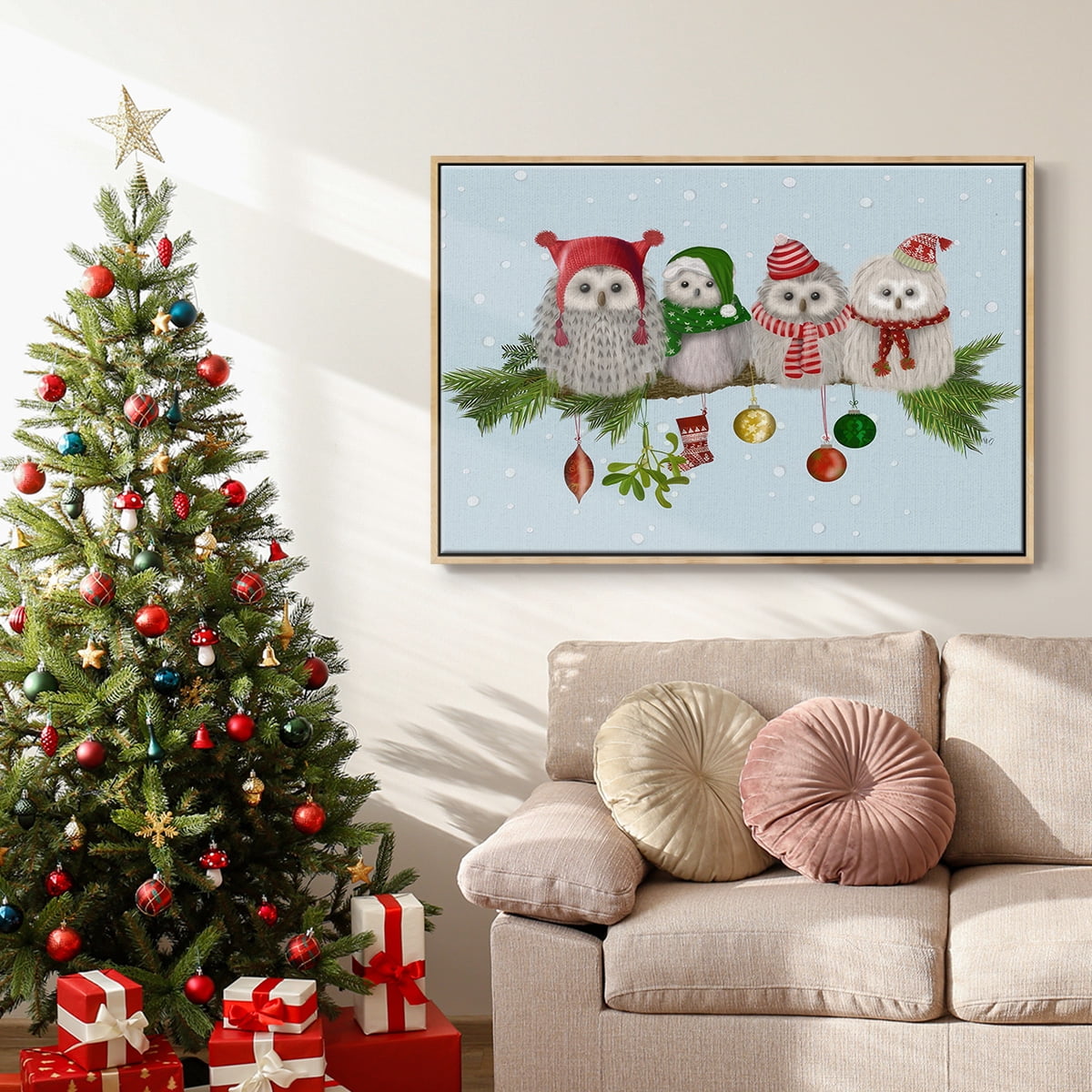 Christmas Fluffy Christmas Owls on Branch - Framed Gallery Wrapped Holiday Canvas - 17 x 25 - Natural Wood Frame