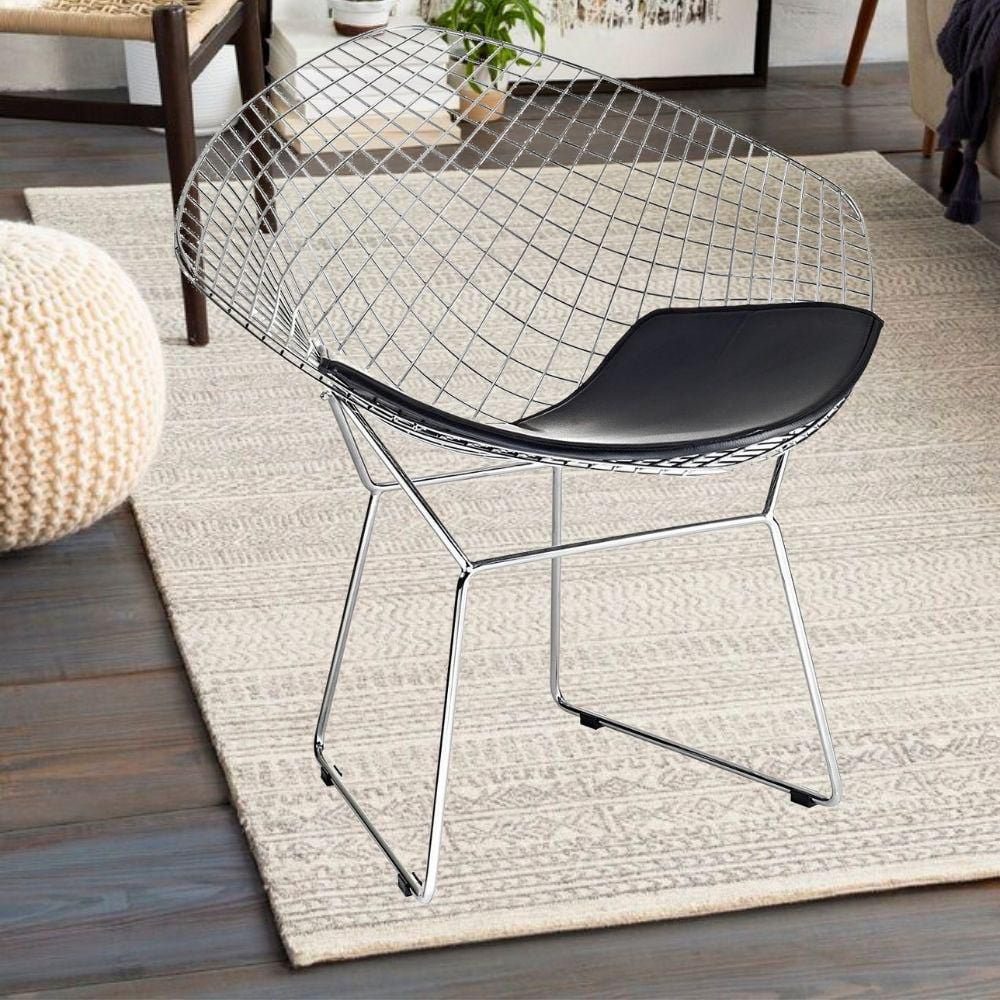 Chaise longue en métal de style Bertoia en chrome avec coussin inclus, chaise longue de salon en métal chromé brillant