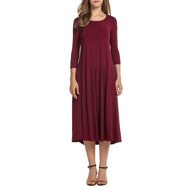 Sonducket Vestido de mujer Cuello Otoño Vestido de mujer Traje de cuello Media manga Vestido de columpio grande Vestidos Vino rojo S