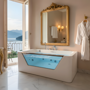 67 Luxury Whirlpool Bathtub with Panoramic Glass Window | 7 Hydro-Massage Jets, Waterfall Faucet & LED Chromatherapy | 1HP 750W Motor, Acrylic Spa Jetted Tub (110V) –Middle Drain