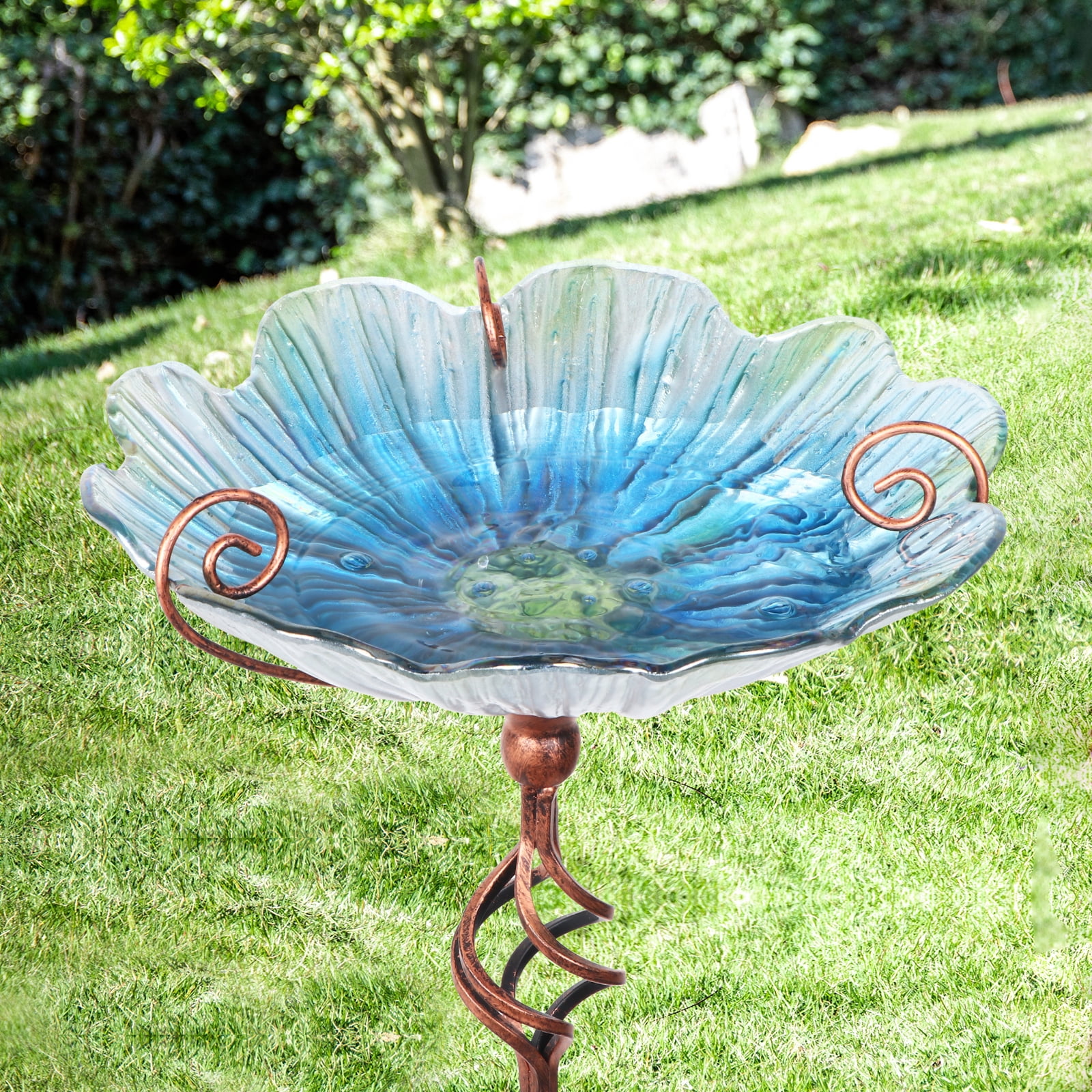 MUMTOP 31" Height Outdoor Glass Bird Feeder Bath, Blue