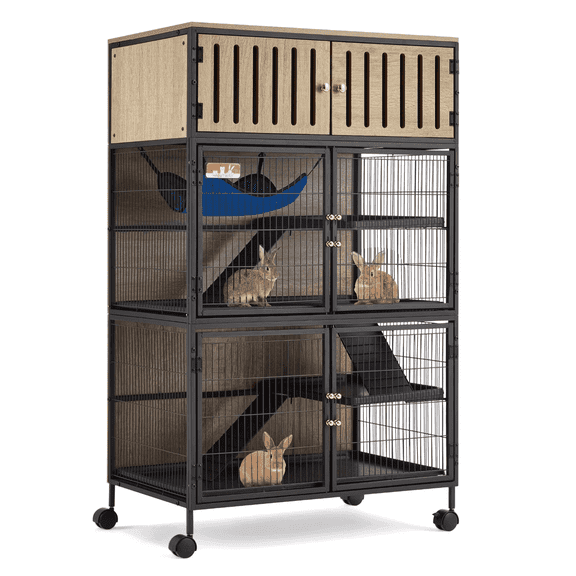 HABUTWAY 50''H Metal Large Ferret Cage, Rolling Chinchilla Cage, Critter Nation Cage, Indoor Wooden Pet Crate Furniture Grey Walnut