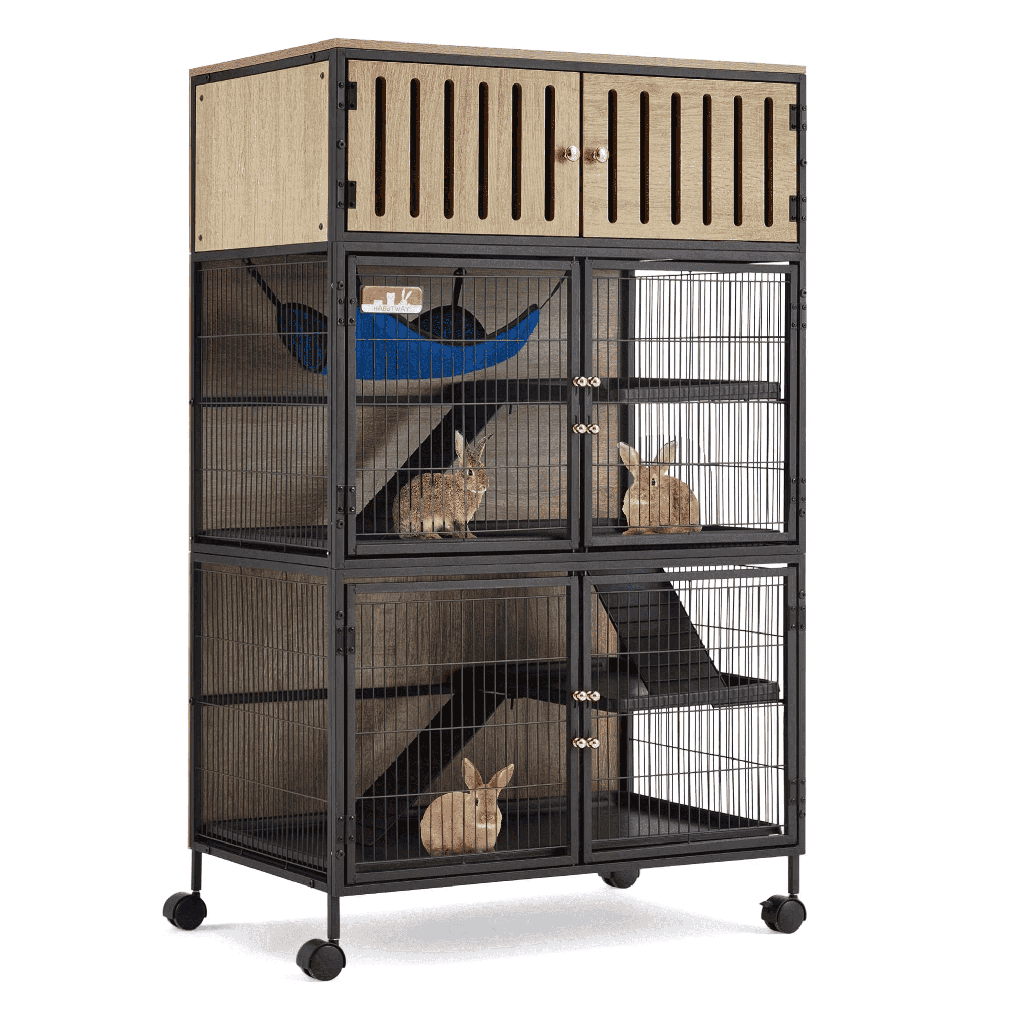 HABUTWAY 50''H Metal Large Ferret Cage, Rolling Chinchilla Cage, Critter Nation Cage, Indoor Wooden Pet Crate Furniture Grey Walnut