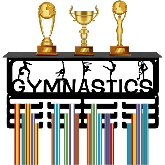 Gymnastics Medal Holder Trophy Shelf Medal Hanger Display with Shelf Stand Sports 4 Rows Wall Mount Hold 70  Medals for Women Gymnastics Soccer Running Swimming Awards Rack 15.7 x 7.9 Inch DIY Making
