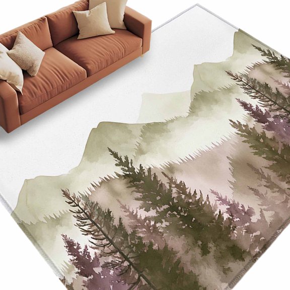 Retro Trees Plants AreaRug 6x9ft Green Mountain Forests Bird Non-SlipWashable SquareRugs Soft Felt Indoor Floor Mat for Bedroom Kitchen Living Room Bathroom