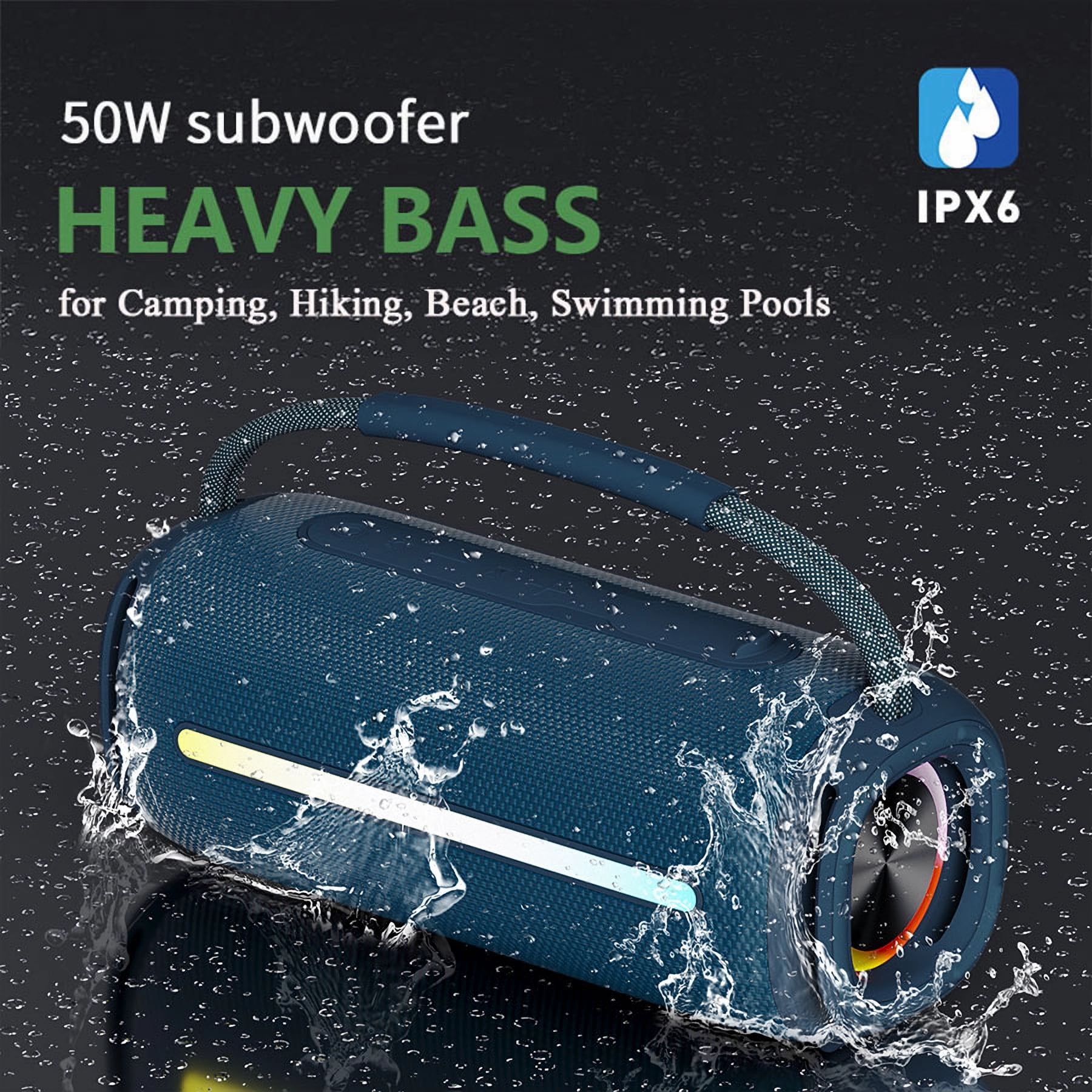 SCIJOY 50W Bluetooth Speaker - Portable Waterproof Speaker with Powerful Sound, Deep Bass, LED Lights, FM Radio
