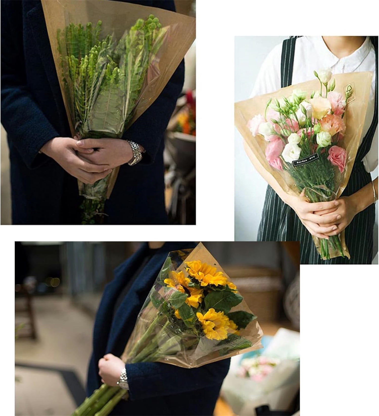 Flower Sleeves for Bouquets,Flower Bouquet Wrapping Paper,Flower Bouquet Packaging Bags Bulk,Floral Arrangement Supplies for Wedding Bridal Birthday Graduation Gift Wrapping,50 Pcs,Brown