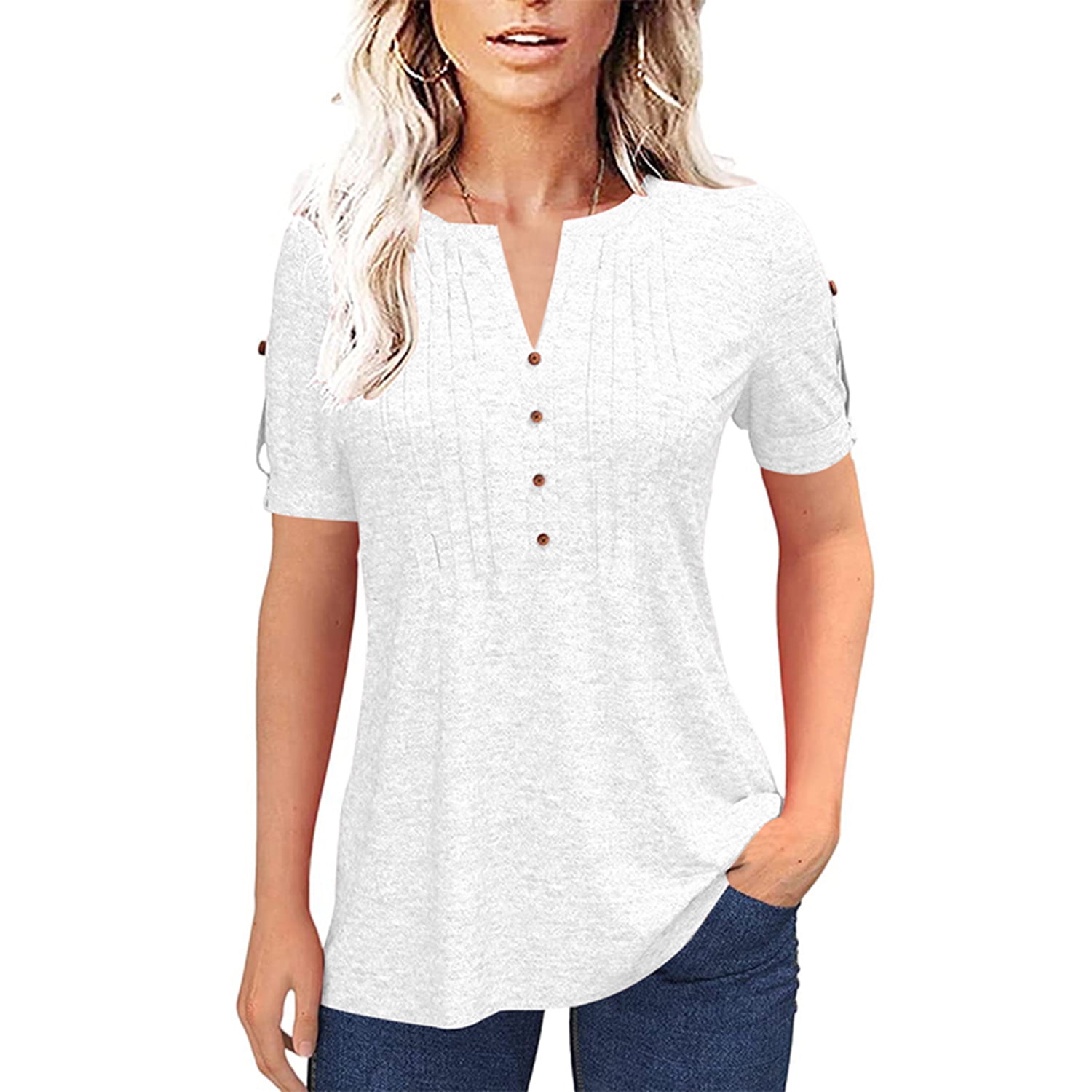 MaQiYa Women's Short Sleeve T-Shirts Pleated Button V-Neck Solid Color ...