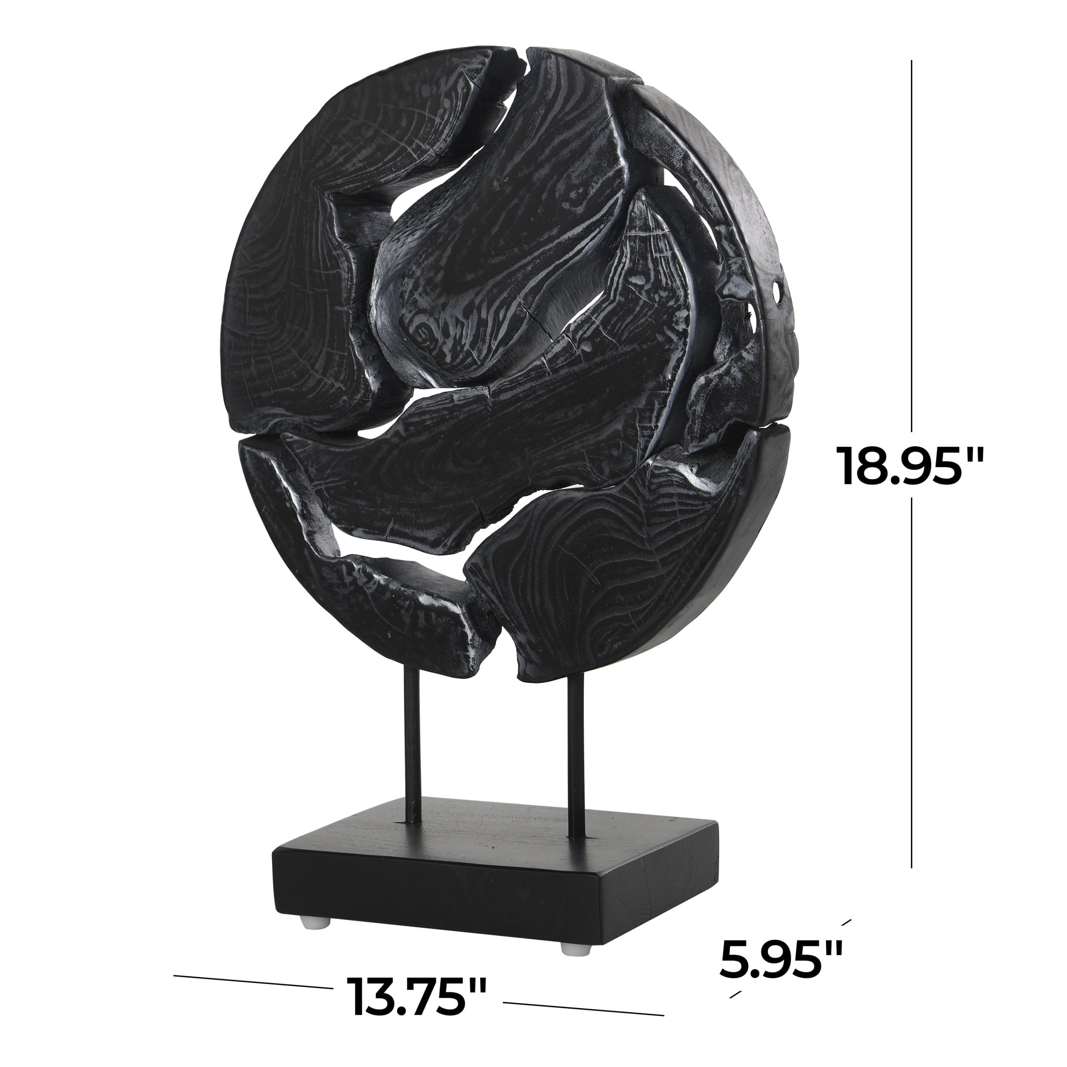 14" x 19" Black Teak Wood Circular Cutout Abstract Sculpture with Natural Wood Grain Patterns and Black Base, by DecMode