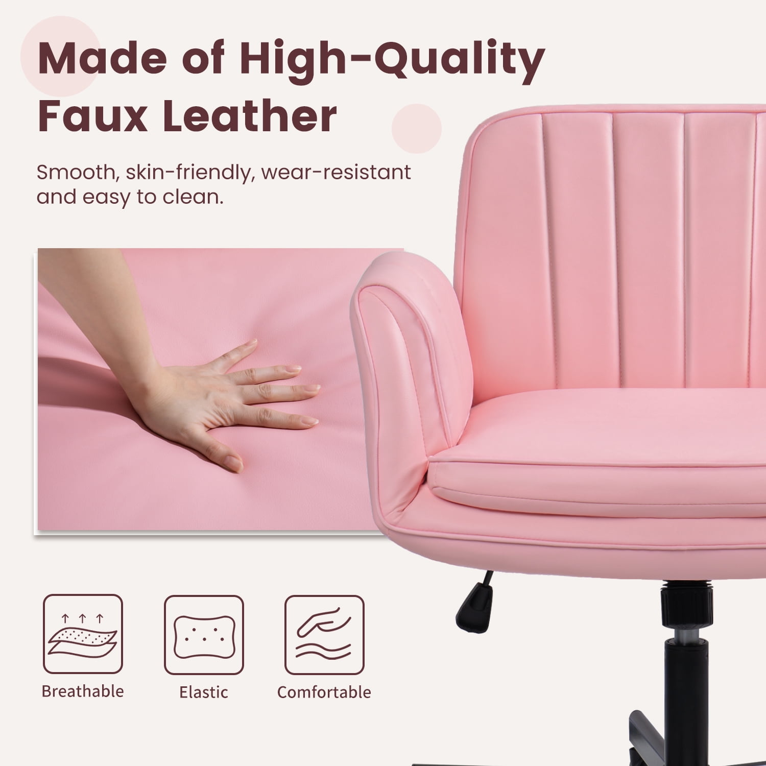 Waleaf Criss Cross Chair with Wheels & Armrests, Criss Cross Office Swivel Chair, PU Leather Vanity Chair with Back, Beige Comfortable Adjustable Vanity Desk Chairs for Home Office and Bedroom
