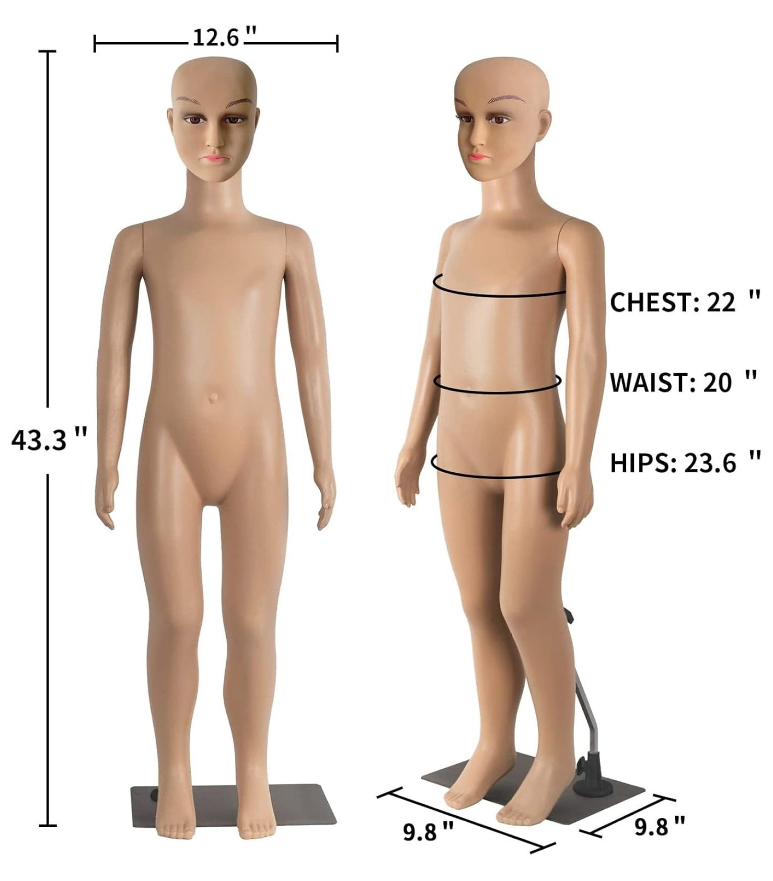 Child Mannequin Full Body Realistic Adjustable Detachable Manikin Display Head Turns Dress Form W/Metal Base 43.3" Height