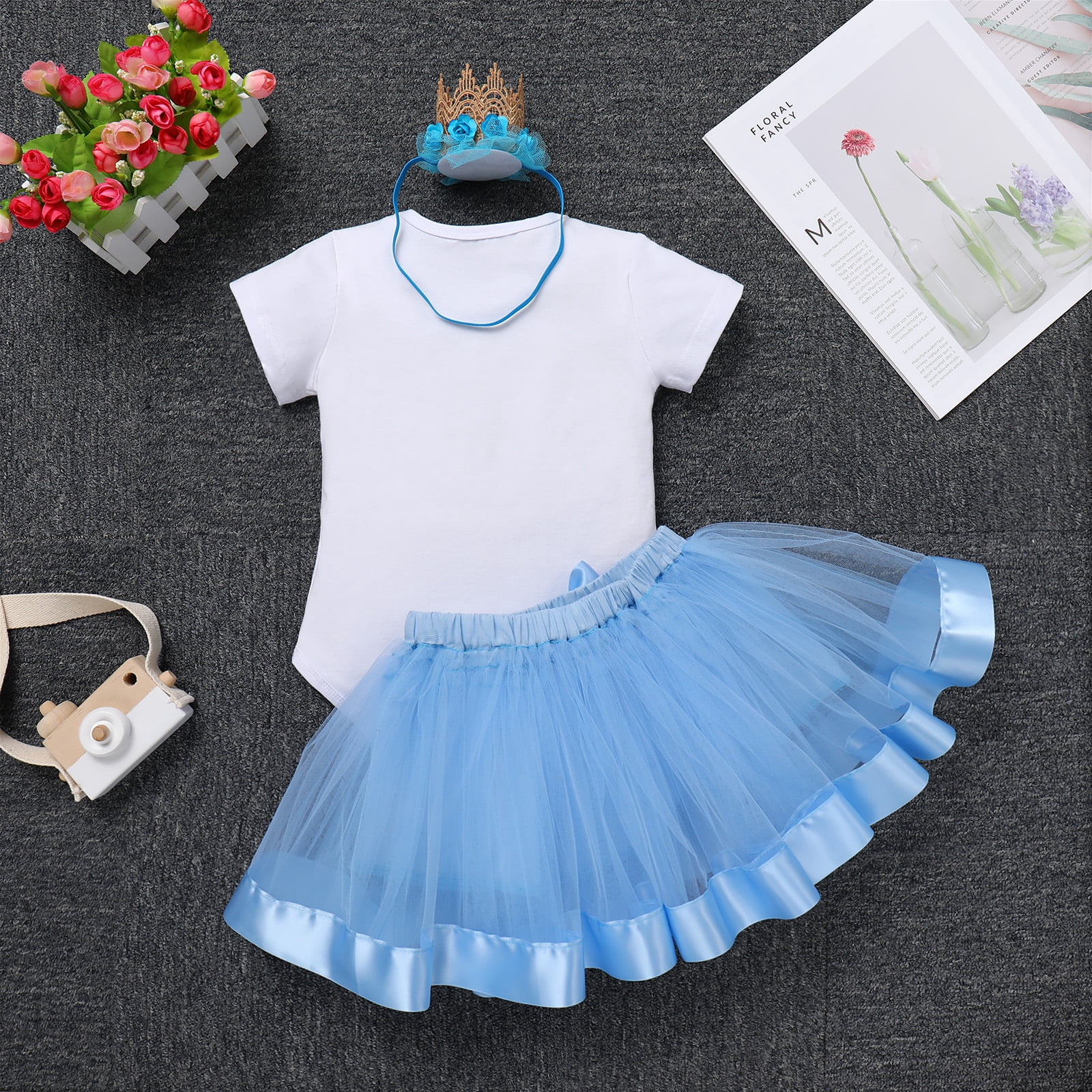 IBTOM CASTLE Infant Baby Girl One Year Old Birthday Outfit Floral Lace Party Cake Smash Romper + Tutu Skirt + Crown Clothes Set for Photo Shoot 1 Year Blue - Flower
