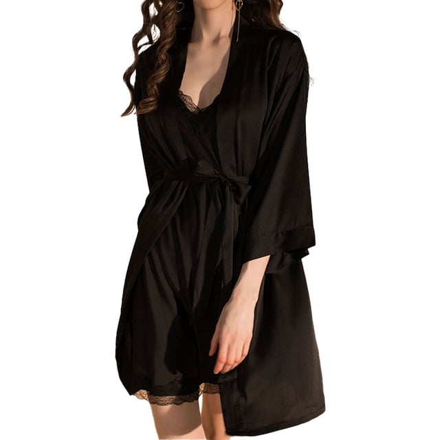 Conjunto de pijama de mujer con ribete de encaje y cinturón, camisón sexy sin mangas