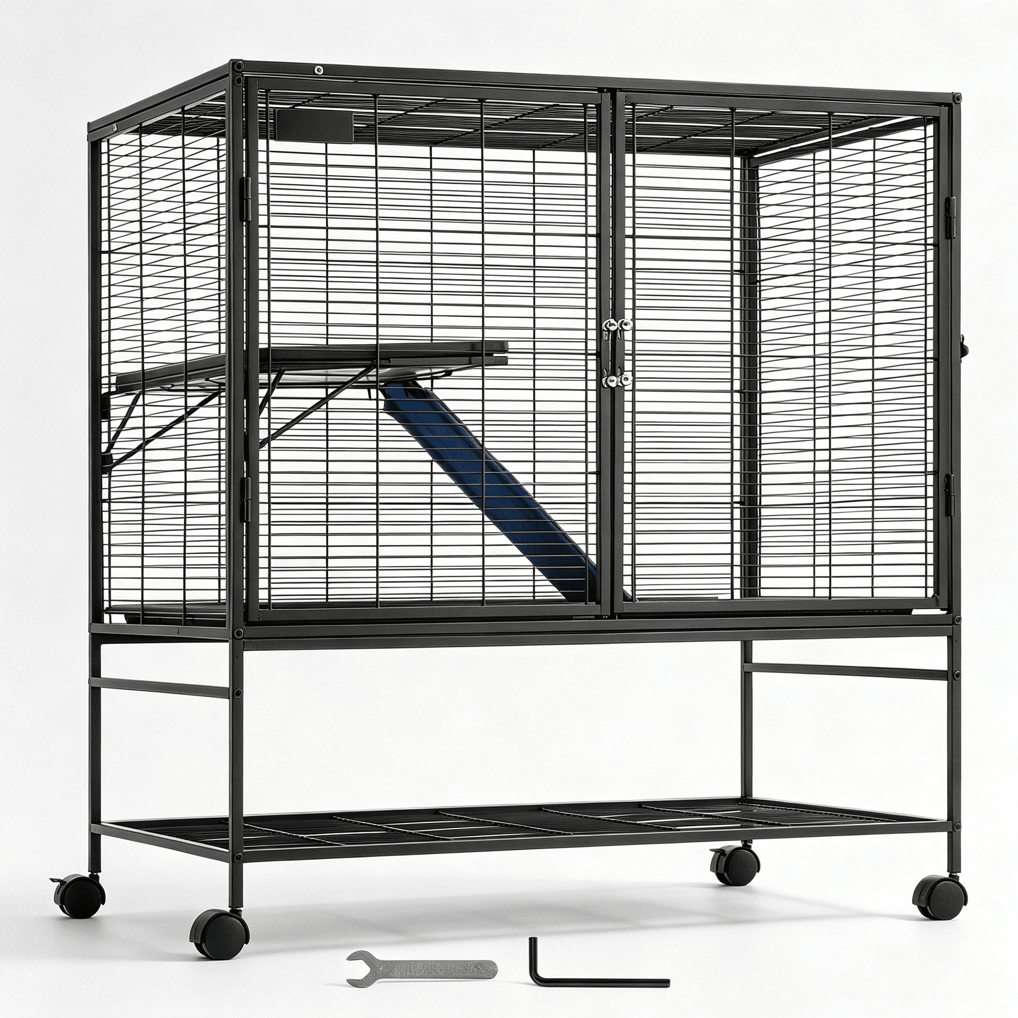 JERFIT Ferret Cage with Ramp, Rolling 2-Tier Metal Small Animal Cage for Chinchillas, Guinea Pigs, Hedgehogs, Easy to Clean, Black