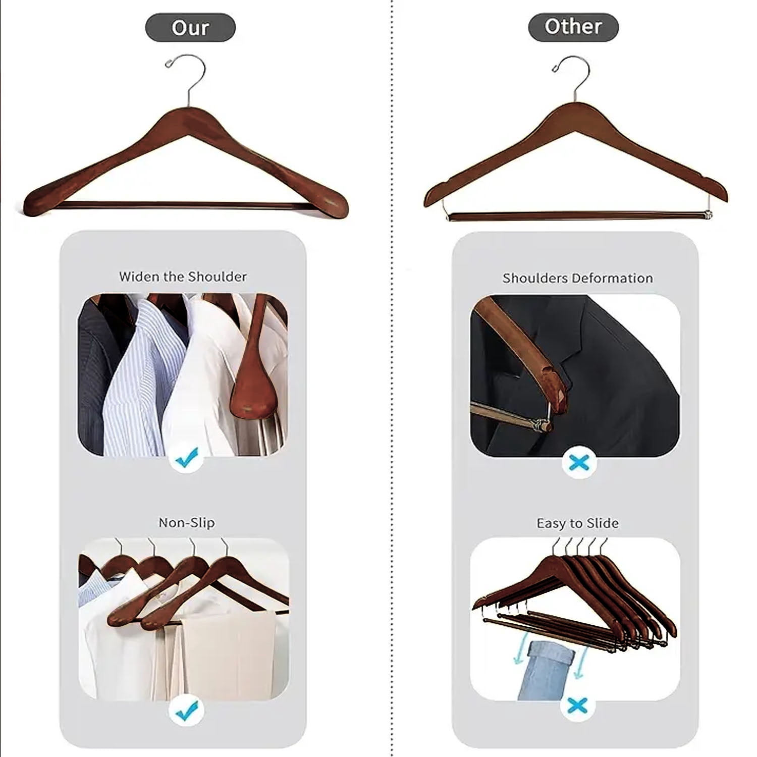 BagDream 8 Pack Wide Shoulder Wooden Hangers Coat Hangers with Non Slip Pants Bar, Solid Wood Jacket Clothes Hangers Smooth Finish for Sweater, Pants, Heavy Clothes, Walnut