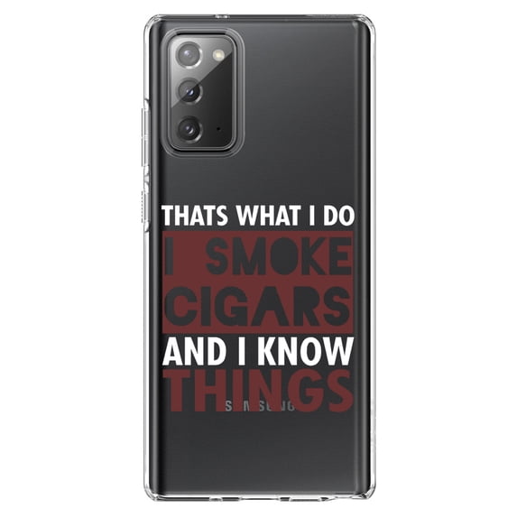 DistinctInk Clear Shockproof Hybrid Case for Samsung Galaxy Note 20 (6.7" Screen) - TPU Bumper Acrylic Back Tempered Glass Screen Protector - I Smoke Cigars And I Know Things