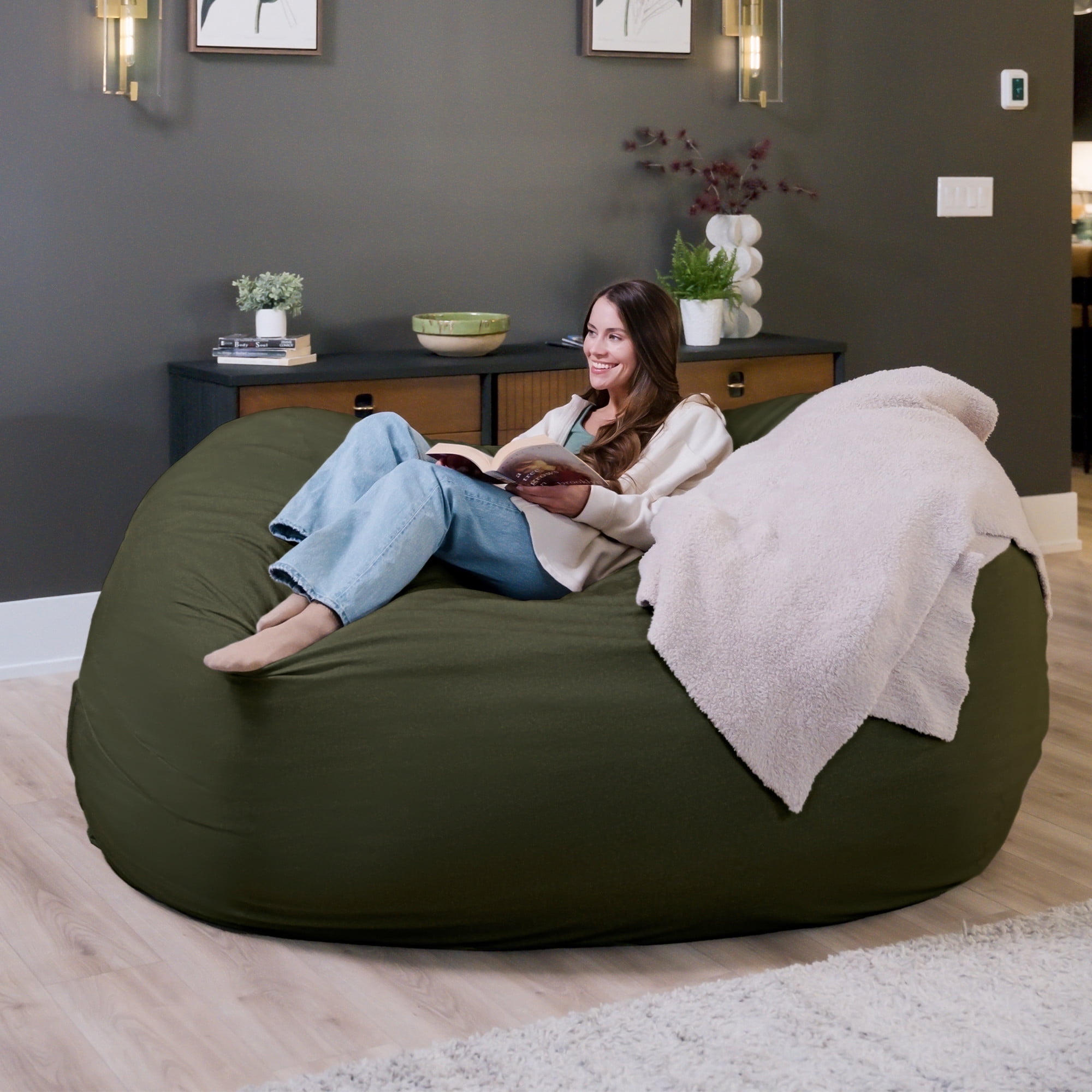 Big Joe Fuf 7Ft Giant Foam Bean Bag Chair, Oversized Couch with Removable Cover for Kids, Teens, Adults, Forest Green Velveteen, Durable Woven Polyester, 7 foot