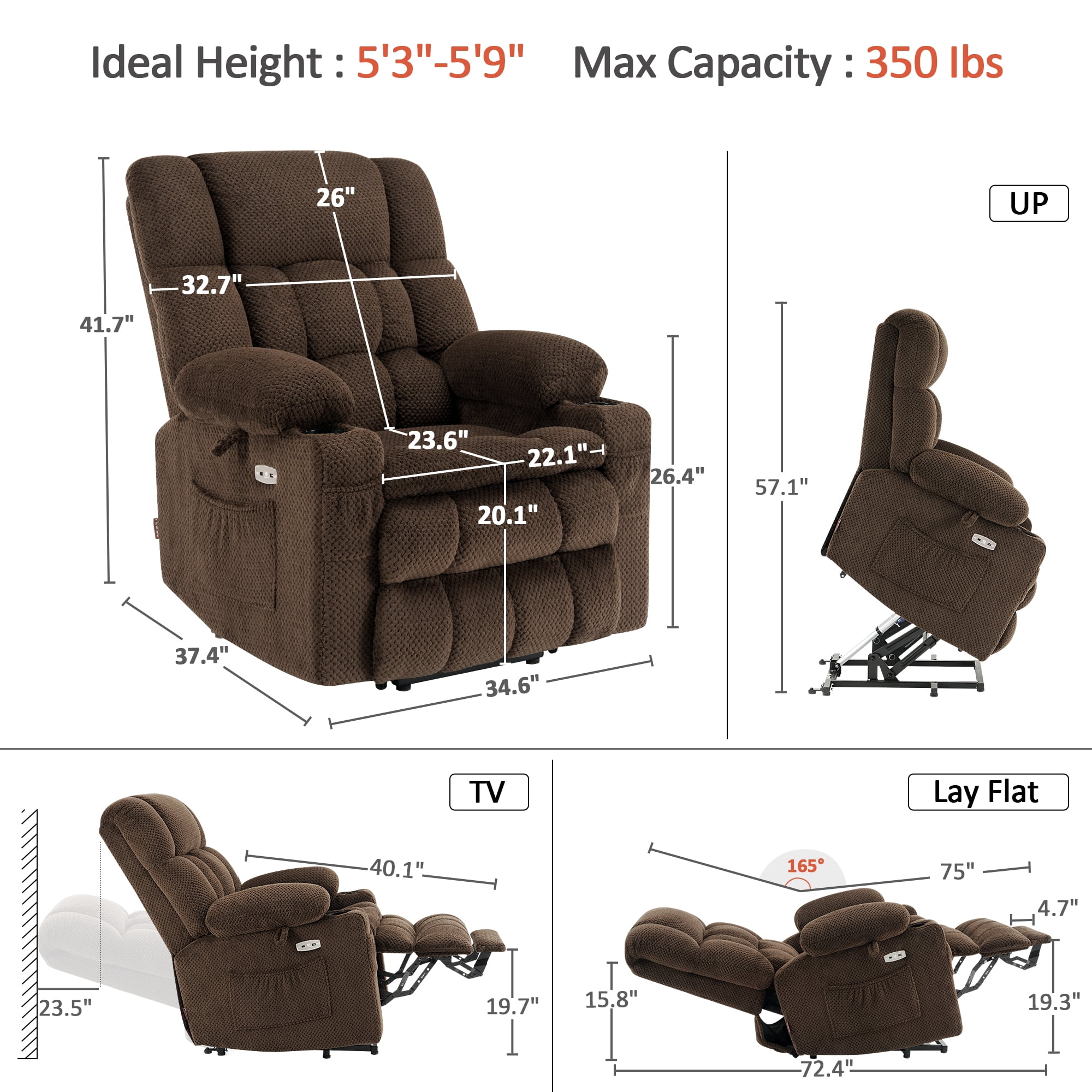 MCombo 22.4" Seat Width Lay Flat Dual Motor Power Recliner Lift Chair with Vibration and Heat, Infinite Position