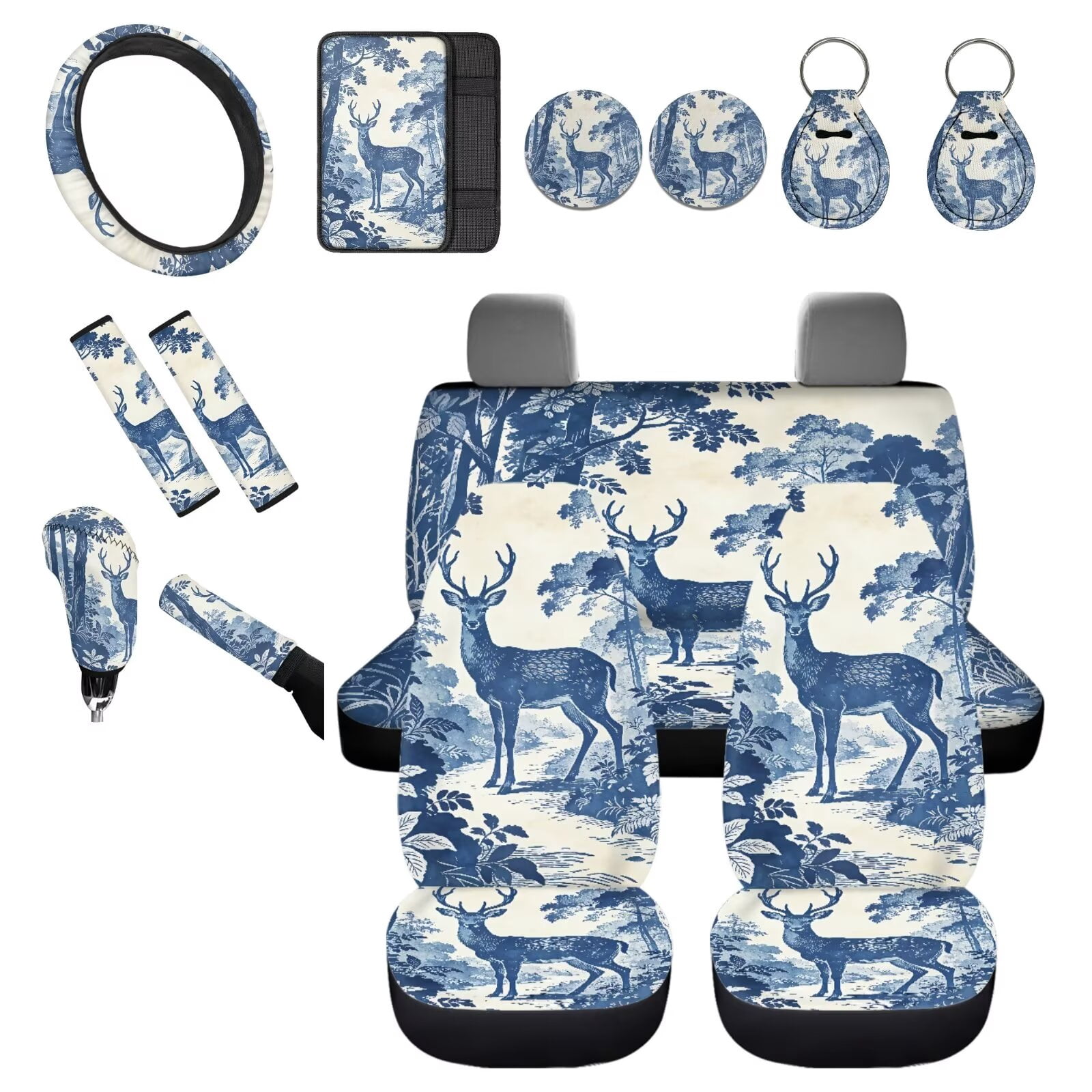 Chririnla Deer Tree Car Accessories Full Set Pack of 14 Breathable Car Front Back Seats Covers Sets with Gear Shift Pad, Shoulder Pads, Steering Wheel Cover, Auto Interior Essentials