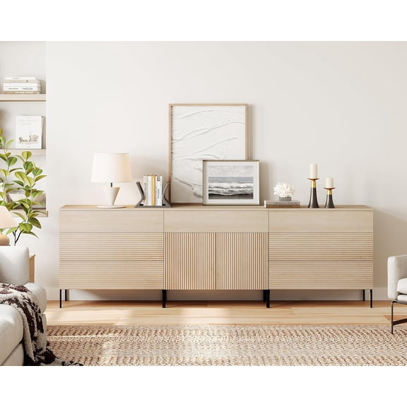 WAMPAT 94.5" 3-in-1 Fluted Dresser for Bedroom, Extra-Long Dresser TV Stand with 7 Drawers & 2 Doors, Modern Wooden Chest of Drawers with Hidden Handles, Closet Storage Organizer, Beige