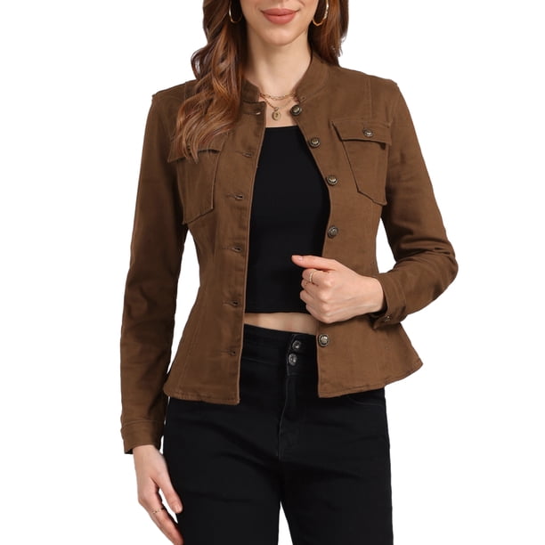 Chaqueta de mezclilla para mujer INSPIRE CHIC con cuello alto, mangas largas, bolsillos con solapa, chaqueta de jean marrón XL