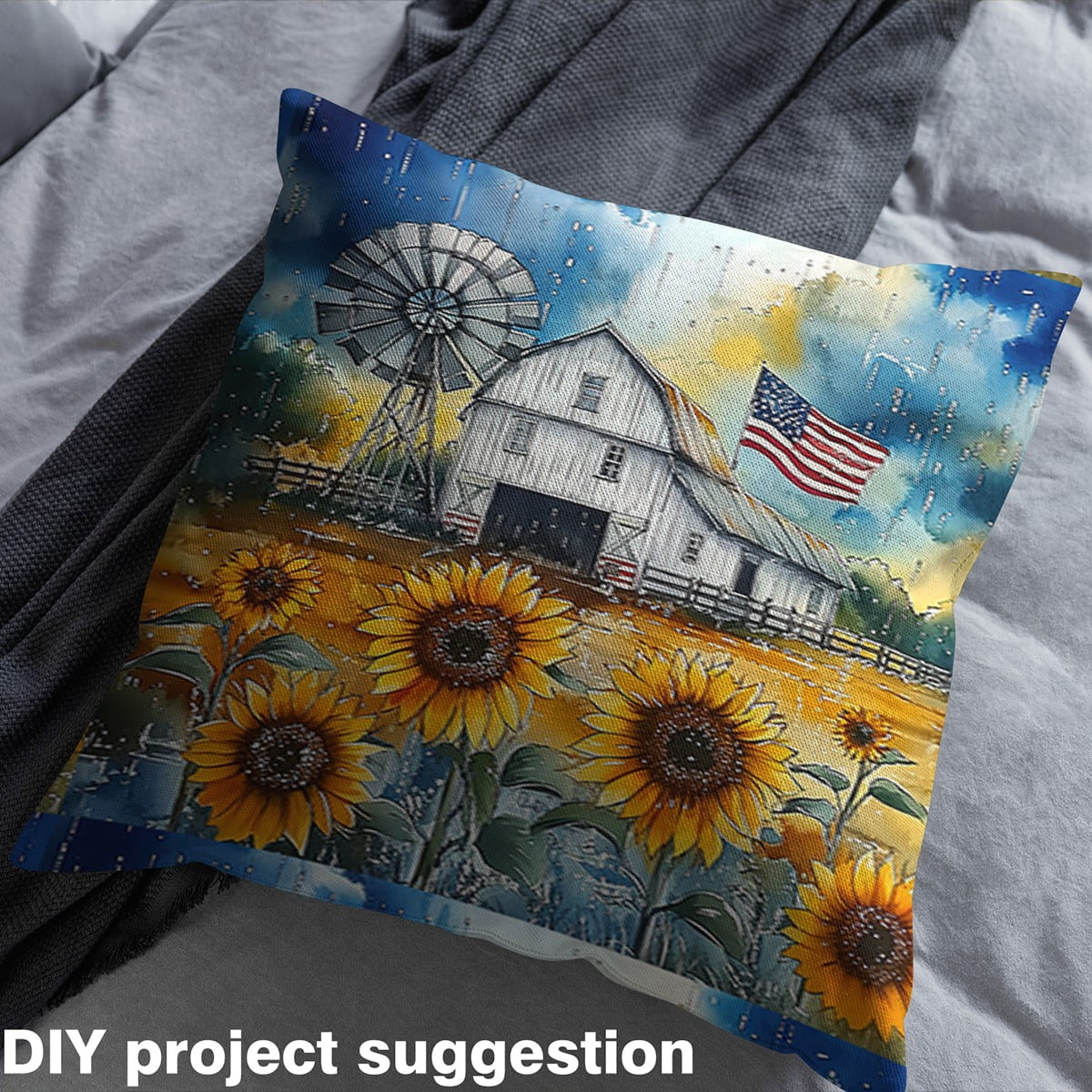 jejeloiu Country Windmill Sunflower Fabric by the Yard (5 Yards) Old Barn Door Luxury Sewing Decor for Teens