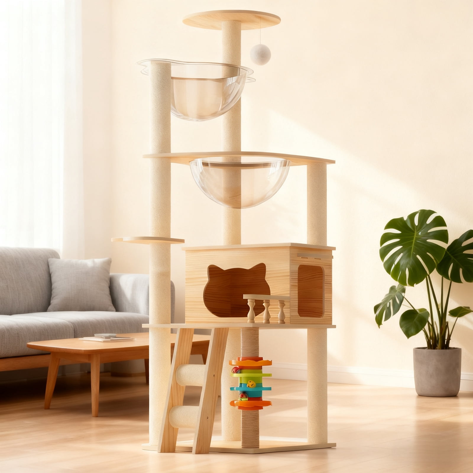 59" Modern Wooden Cat Tower for Indoor Cats, Cat Tree with Sisal Scratching Posts, Top Perch & Acrylic Hammock, Cat Condo for Small and Large Cats