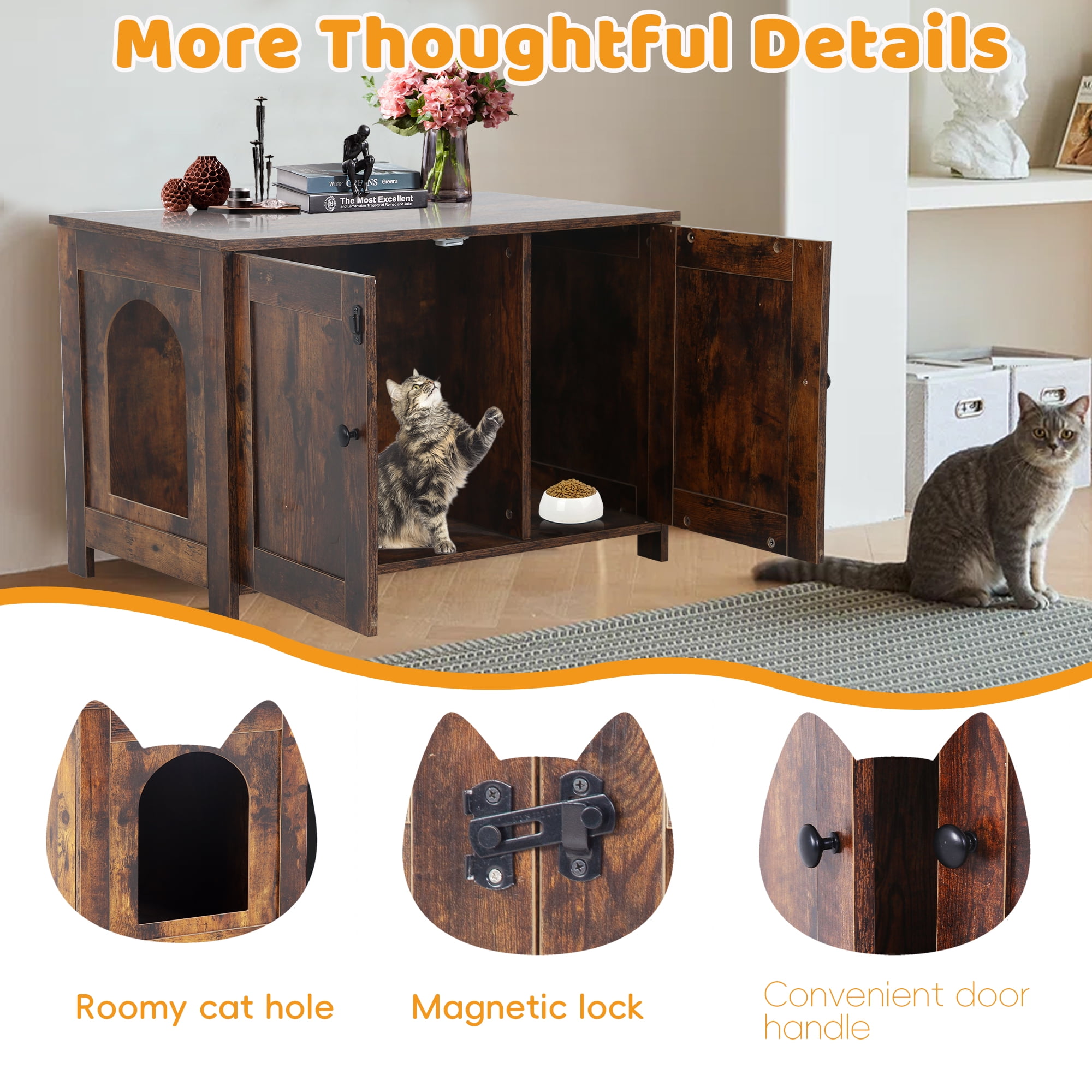 CL.HPAHKL Cat Litter Box Enclosure Furniture, Cat Litter Cabinet Hidden Wooden Cat Washroom with Removable Divider Cat House Cat Box for Livingroom & Entryway, Fit Most Cats and Litter Box, Brown