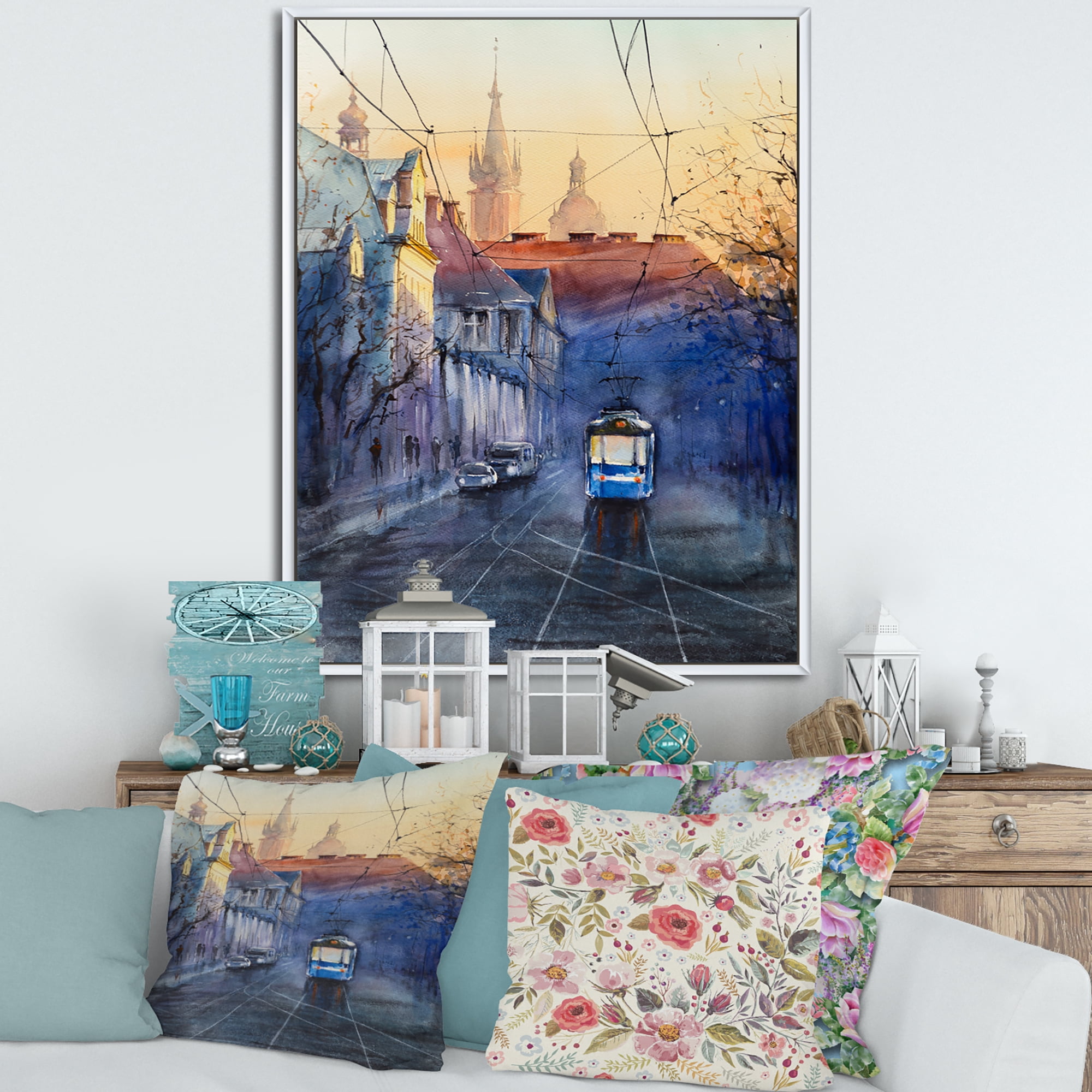 Designart 'Blue Tram At Sunset With Church During Sunset Cityscape' Nautical & Coastal Framed Canvas Wall Art Print