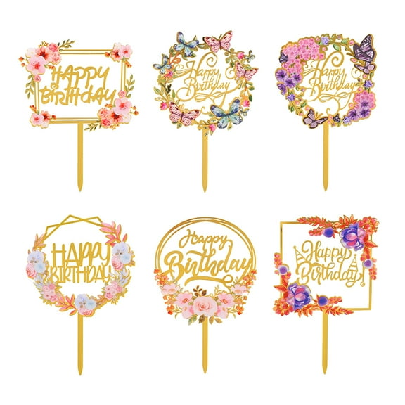 Set of 6 Flower Acrylic Cake Toppers Happy Birthday Cake Decoration Celebration Decorations