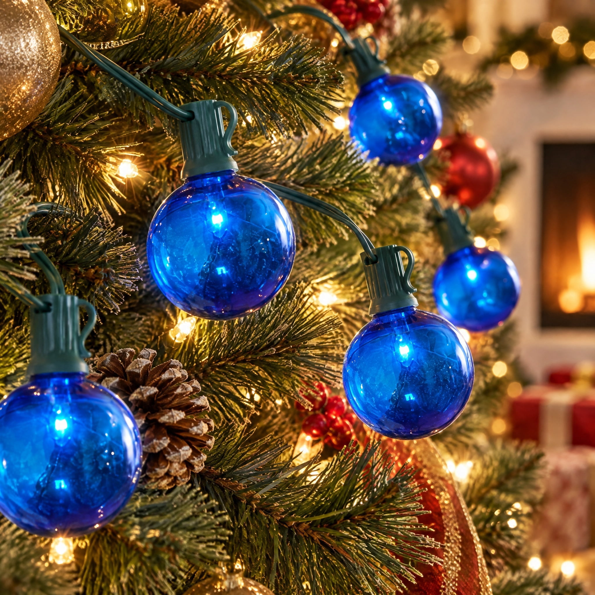 Indoor/Outdoor 100-Count LED Super Bright G30 Christmas String Lights, Blue, Green Wire, 57', by Holiday Time