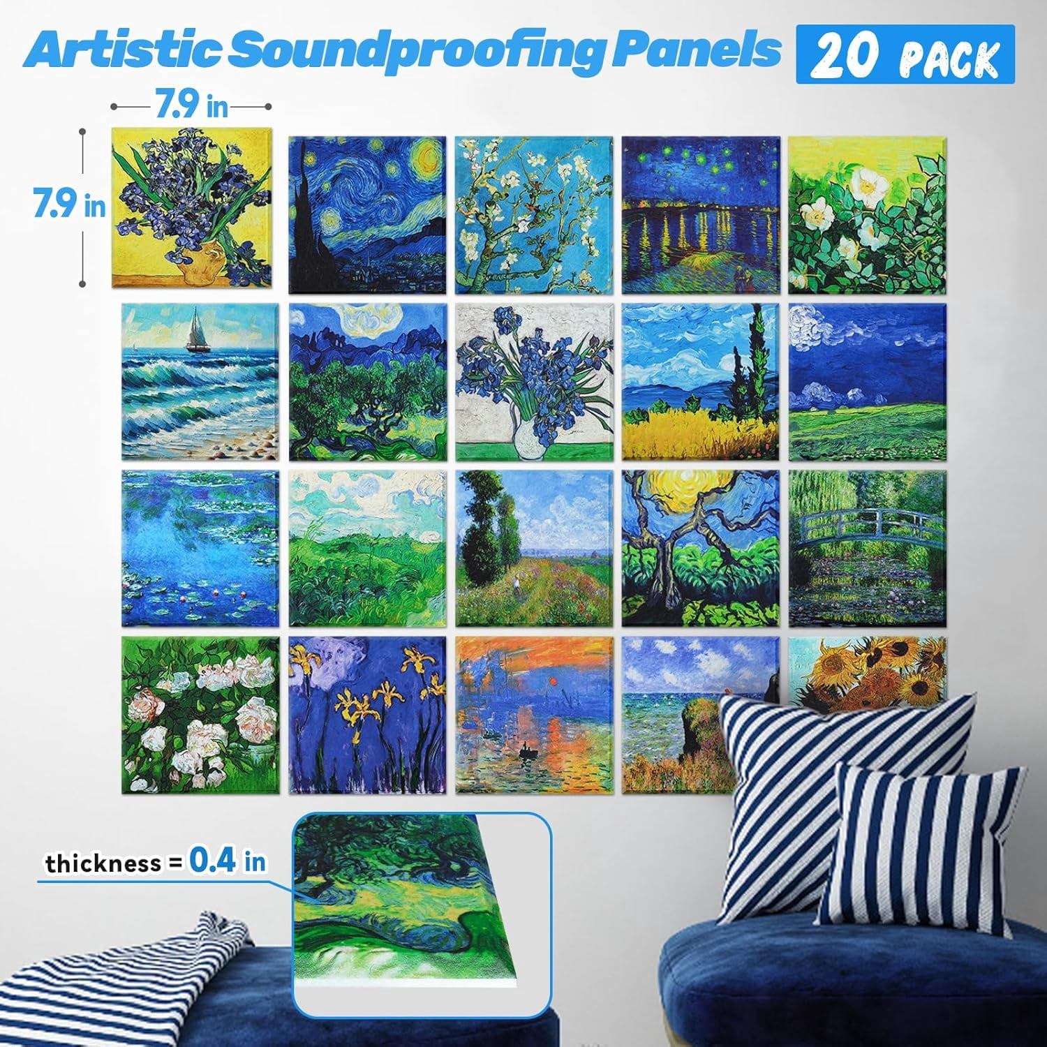 20 Pack Art Acoustic Panels,40 x 32 In Self-adhesive Soundproof Wall Panels, Decorative Sound Absorbing Panels, Acoustic Treatment for Studio Home Office