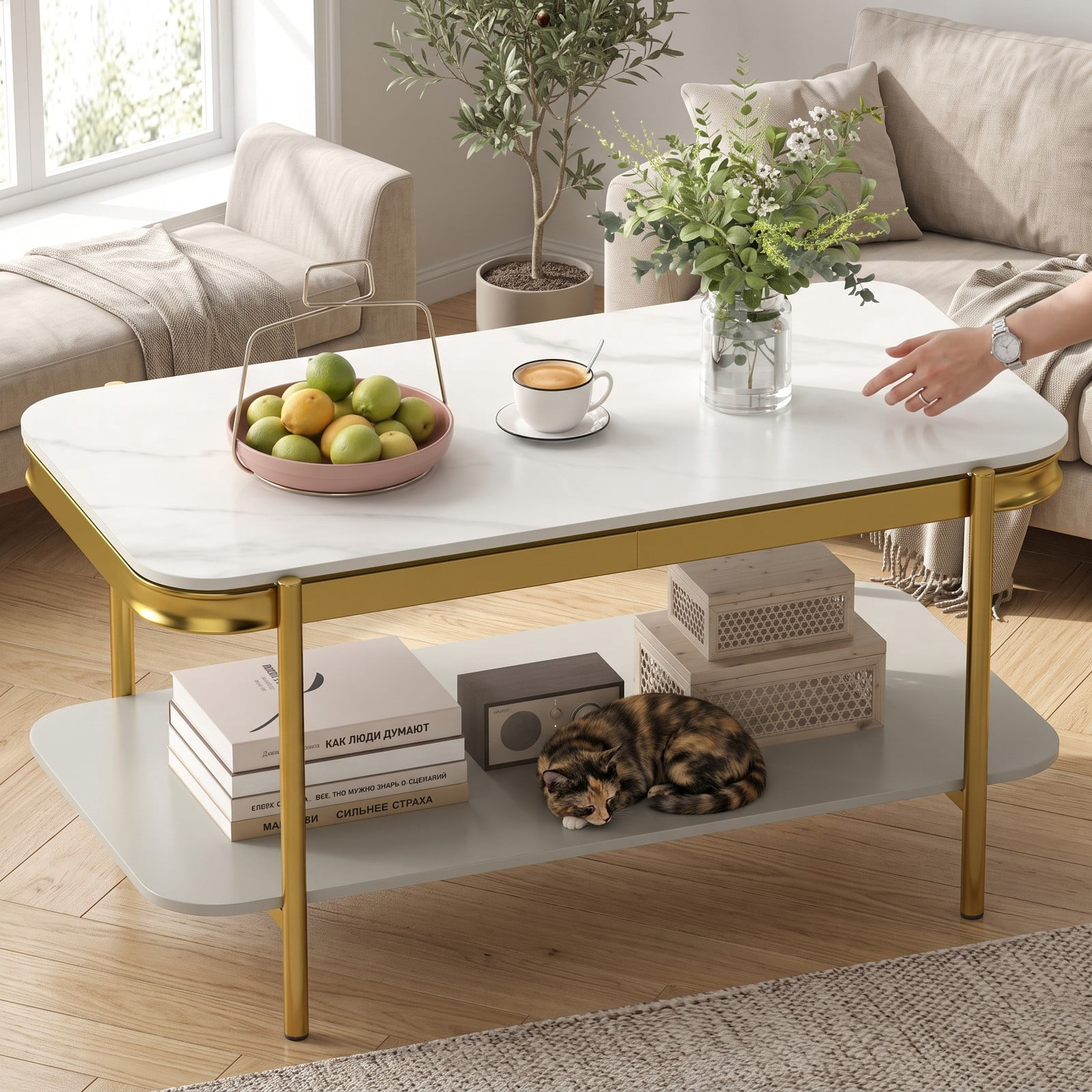 Furnibear 2-Tier Modern Rectangular Coffee Table with Sintered Stone Top, Living Room Center Table with Open Storage Shelf, Scratch-Resistant Waterproof Metal, White