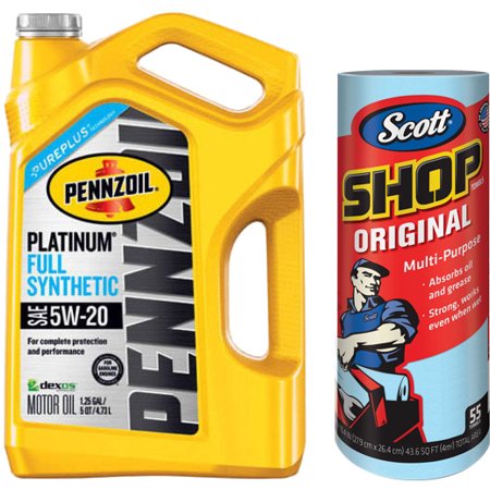 Pennzoil 5W20 Full Synthetic Platinum Motor Oil  5 qt with Scott  Original Blue  Shop Towels  (1 Roll of 55 sheets) Kimberly-Clark Bundle