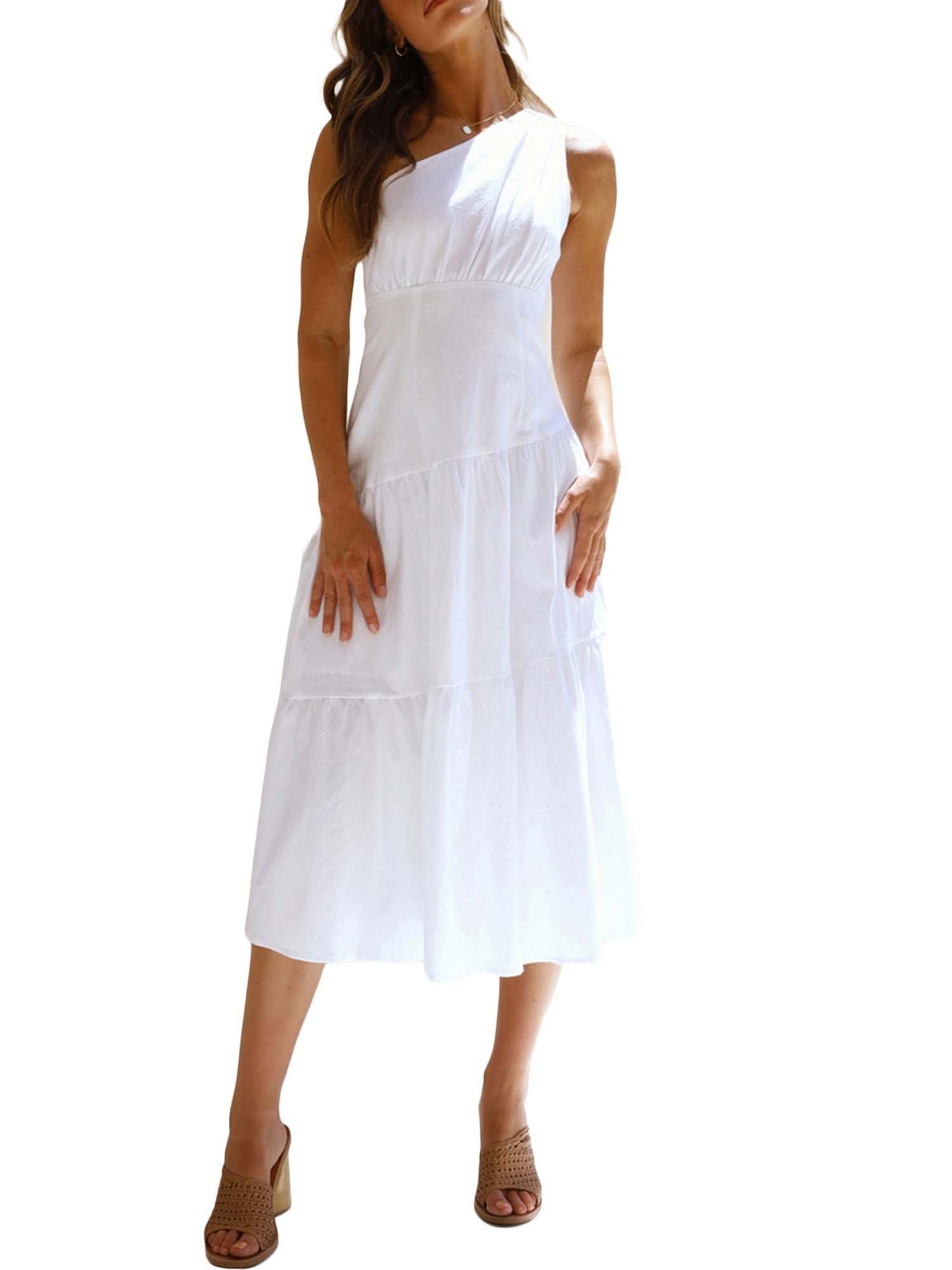 YiLvUst Women Casual Summer Dresses Boho Dress One Shoulder Sleeveless High  Waist Swing Maxi Dresses