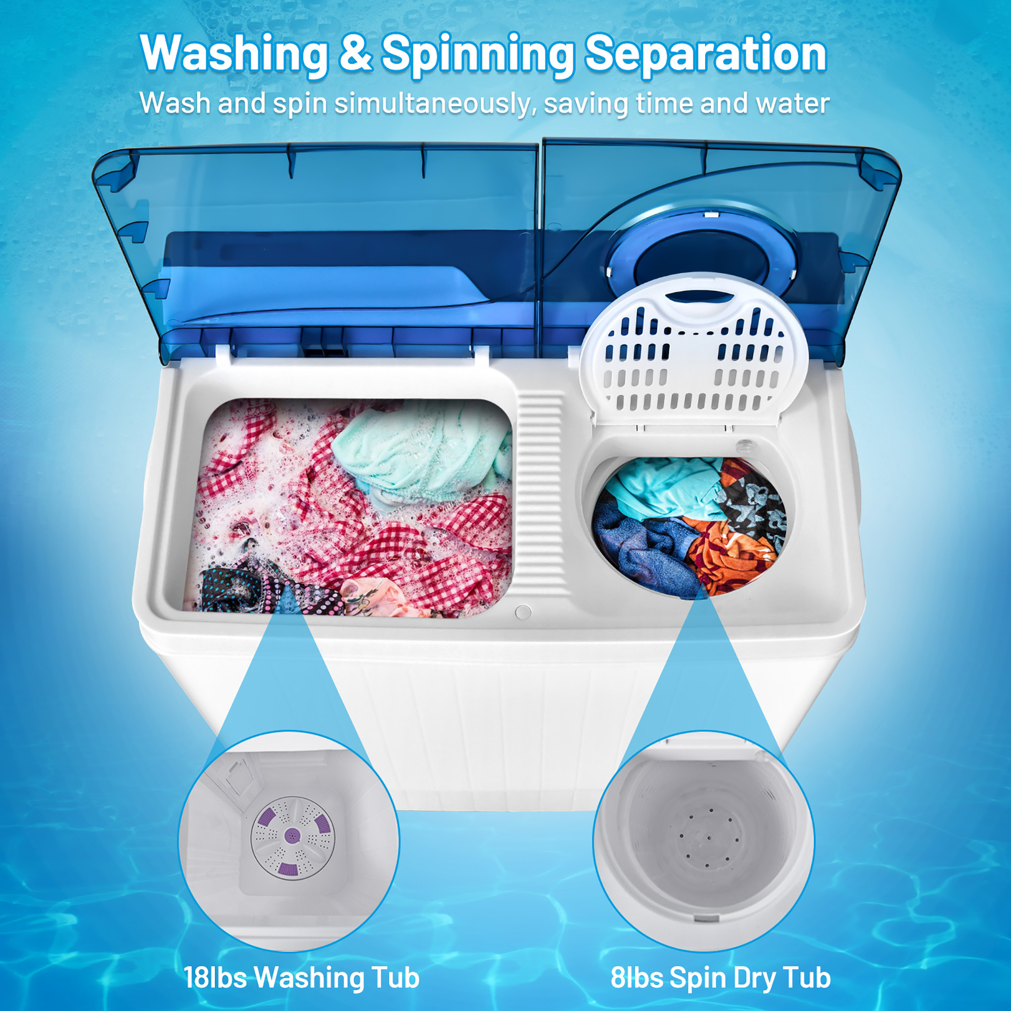 Costway 26lbs Portable Semi-automatic Washing Machine W/Built-in Drain Pump Blue - image 3 of 10