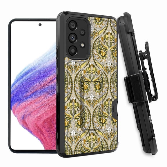 ANJ  Rugged Shockproof Hoster Case w/Card Slot, Kickstand   Tempered Glass Cover for Samsung Galaxy A33 5G - Green Damask