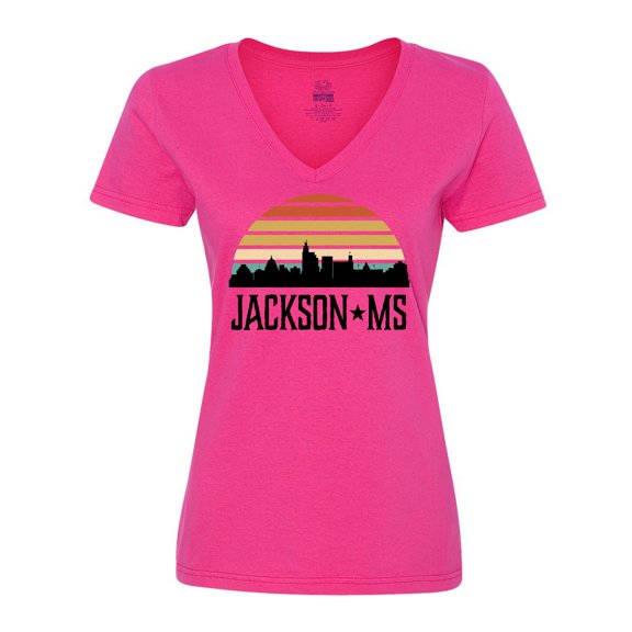 Inktastic Jackson Mississippi Skyline Retro Women's V-Neck T-Shirt