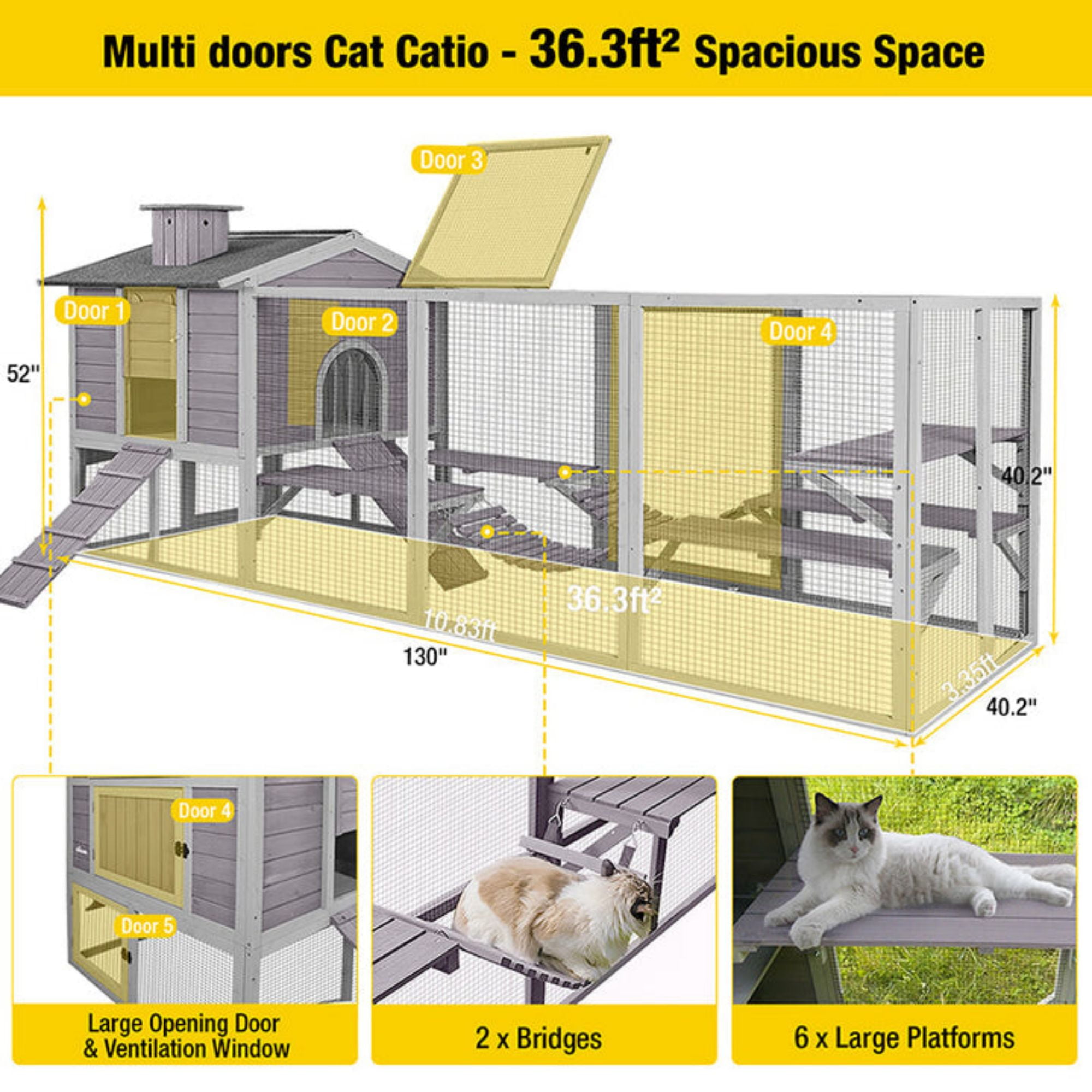 Aivituvin Catio Outdoor Cat House 90"H with 2 Bridges 6 Platforms Large Cat Enclosure for 2-3 Cats