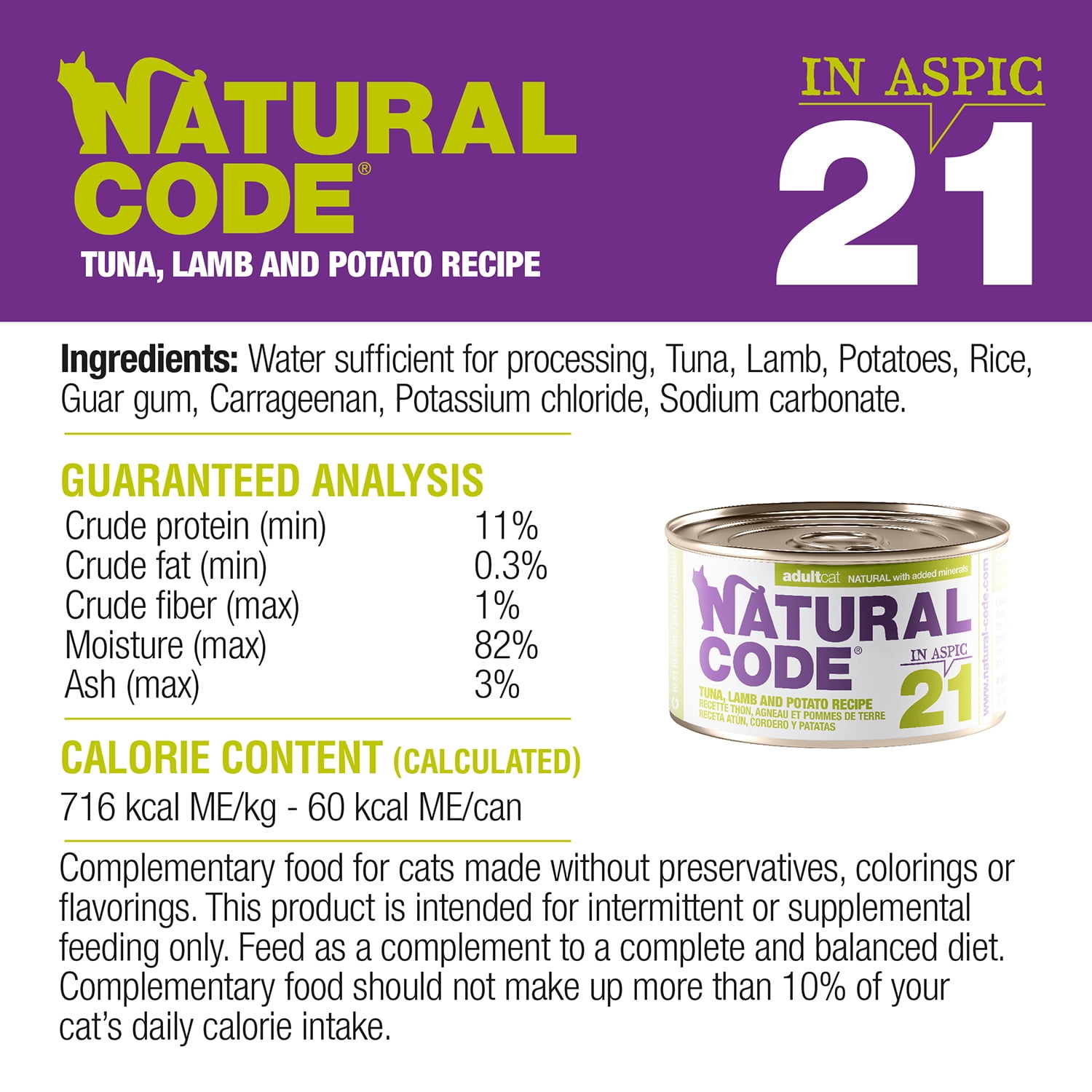 Natural Code - Wet Cat Food, Limited Ingredient Cat Food, High-Protein, Non-GMO, No Artificial Additives, Made In Italy, Tuna, Lamb & Potato in Aspic for Adult Cats, 24 Pack of 3oz Cans