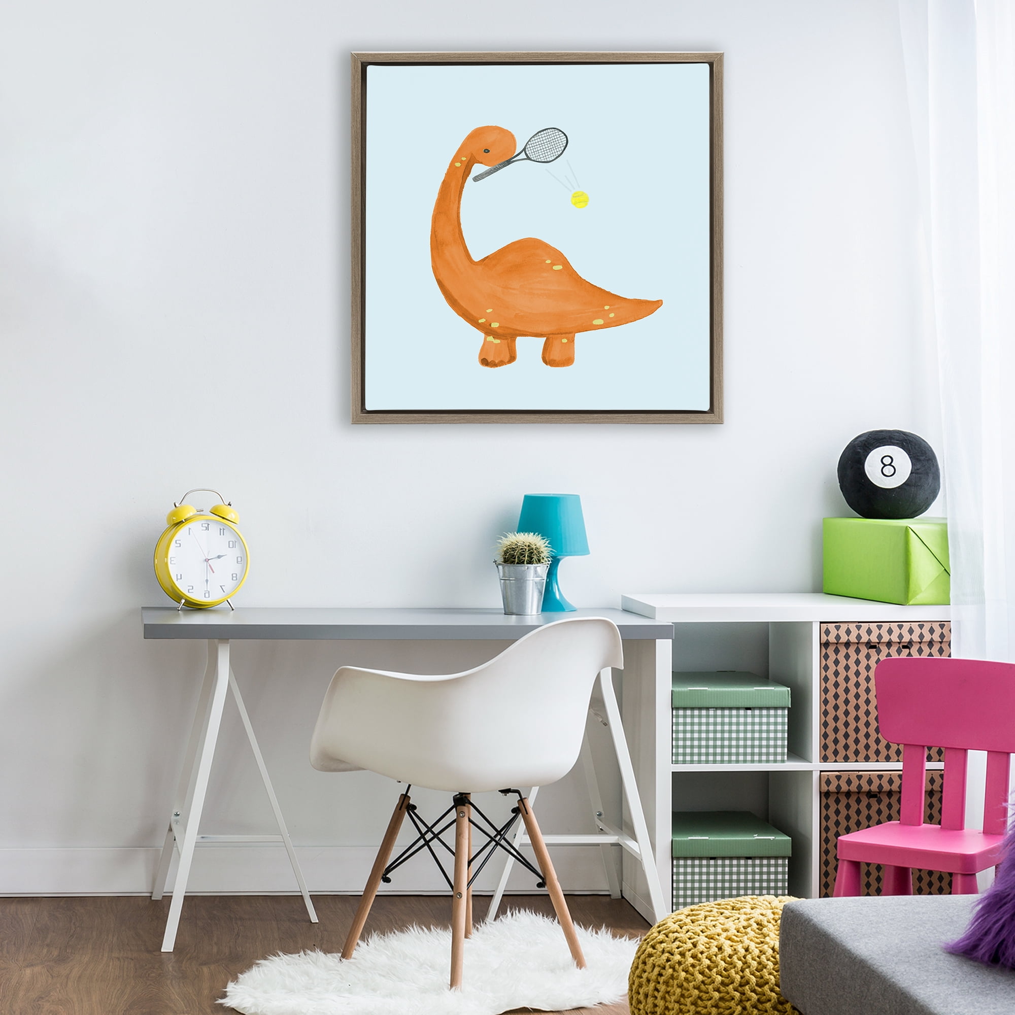 Stupell Industries Baby Dino Playing Tennis Brown Framed Floater Canvas Wall Art, design by Lucille Price