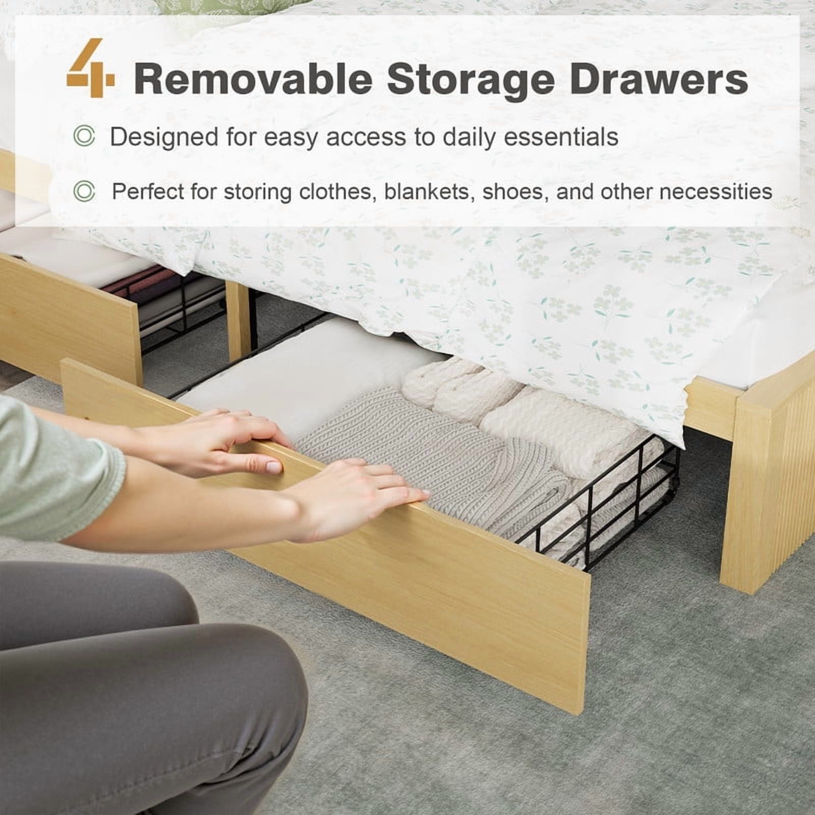 Lumiinofami Queen Size Bed Frame with Storage Drawers, Platform Bed with Charging Station and Storage Headboard, No Box Spring Needed, Noise-Free, Oak
