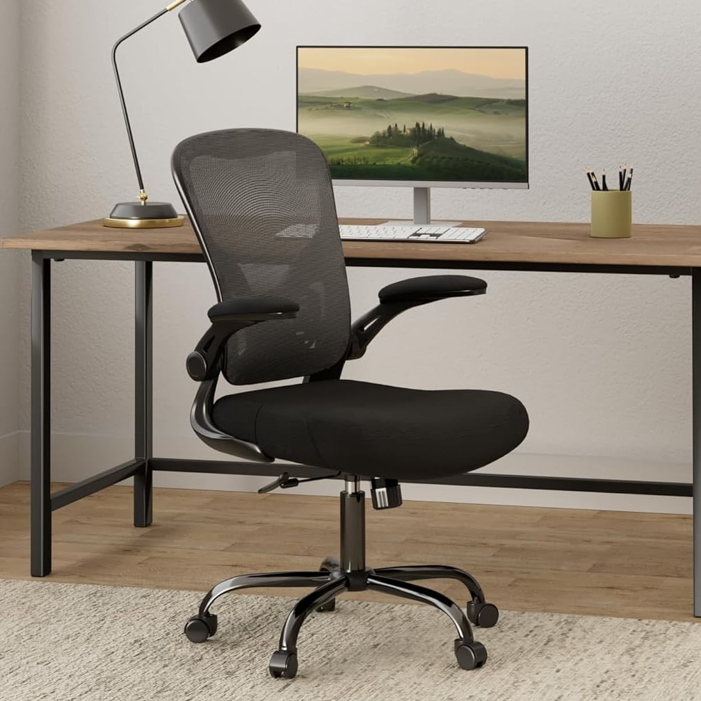 Flysky Mesh Office Chair 300lb, Ergonomic Home Office Desk Chair with Lumbar Support and Flip-up Arms, Black