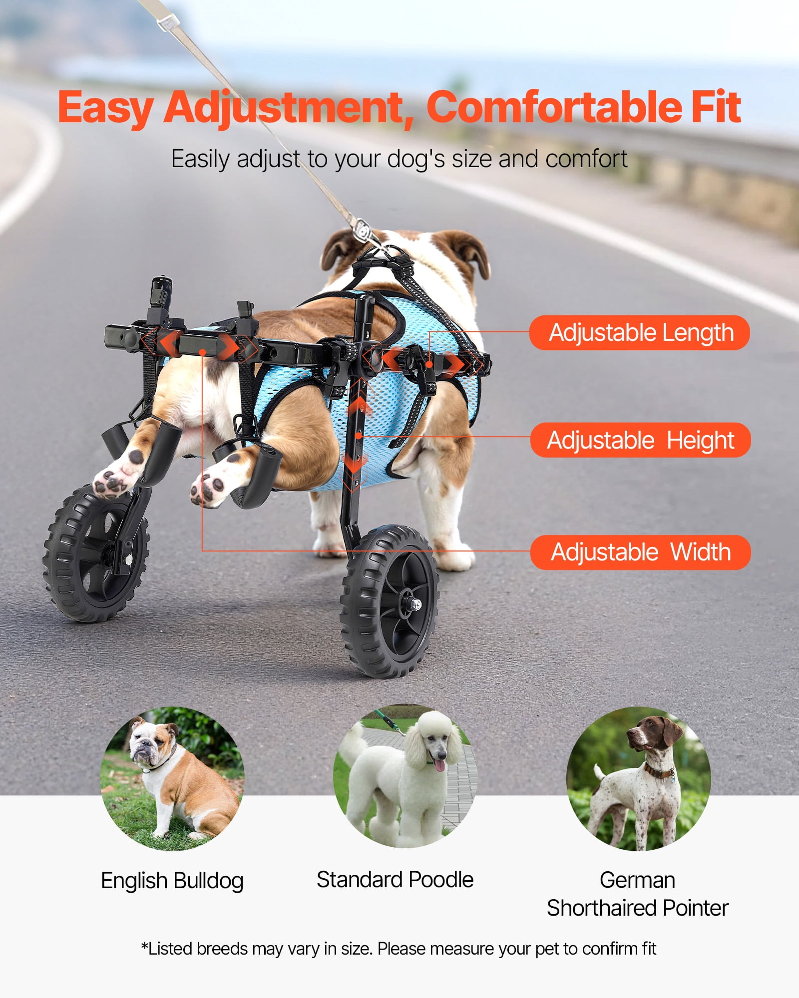 VEVOR Dog Wheelchair for Back Legs, Adjustable 2 Wheels Pet Wheelchair, Lightweight Dog Cart with Shock-Absorbing Wheels, Mobility Support Wheel Chair for Disabled Injured Dogs up to 22lbs, Medium