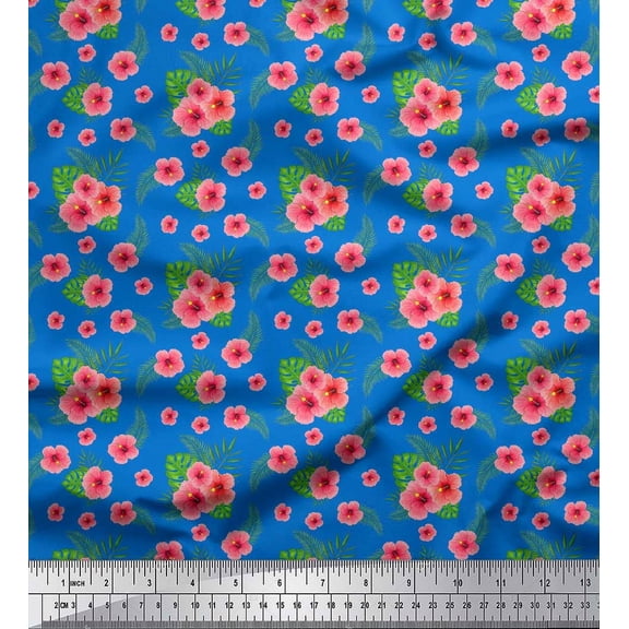 Soimoi Blue Cotton Duck Fabric Leaves & Floral Printed Craft Fabric by the Yard 44 Inch Wide