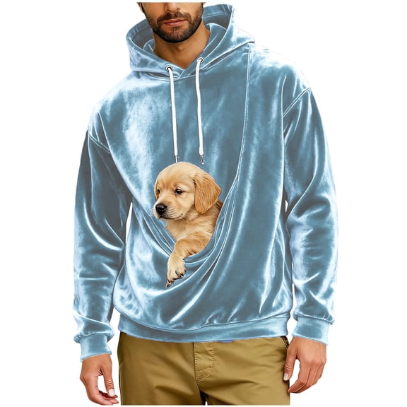Oksale Men Pet Carrier Pouch Hoodie Soft Velvet Sweatshirts Loose Long Sleeve Winter Solid Color Going Out Pullover with Kangaroo Pocket Light Blue XL